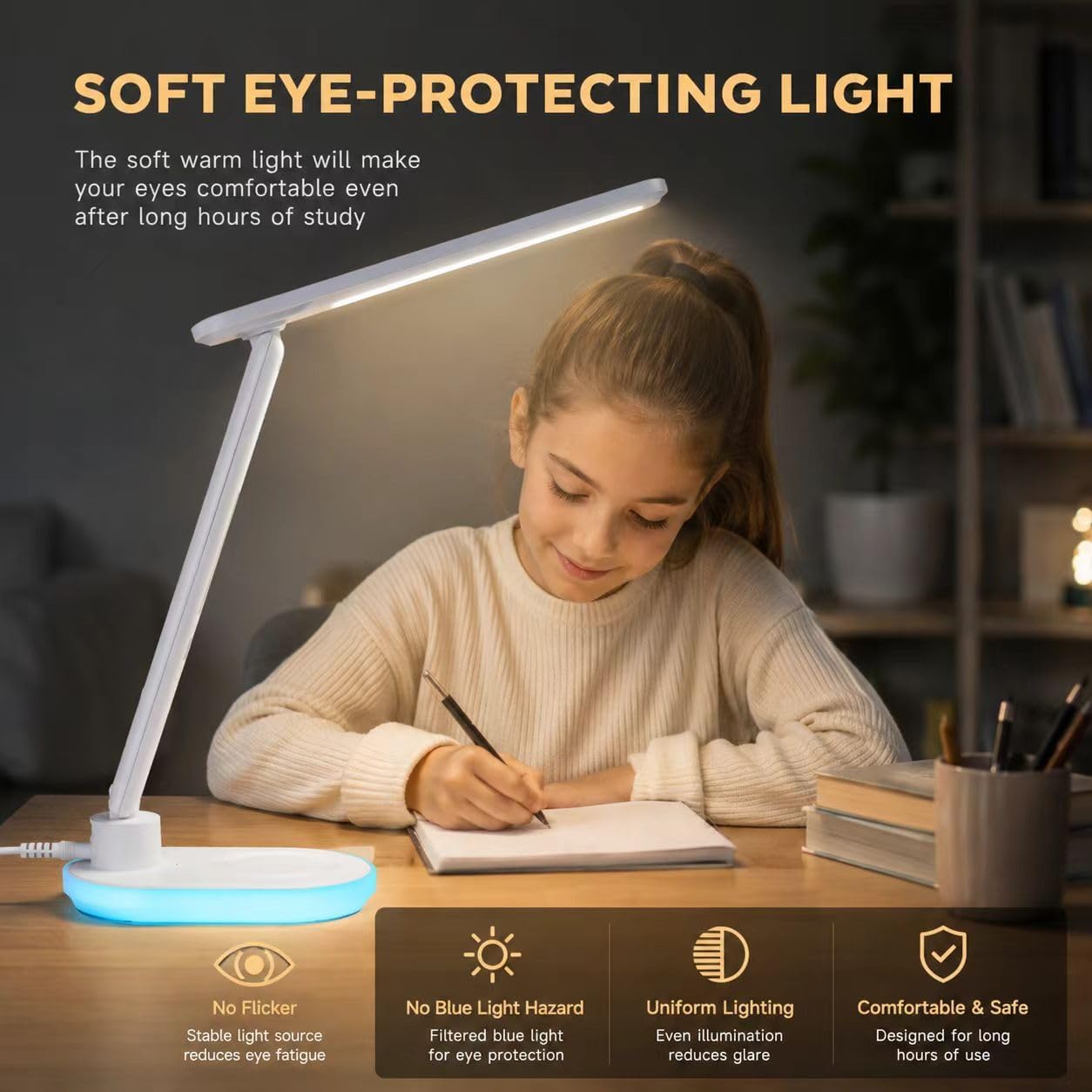 Schreibtischlampe LED dimmbar mit Ladefunktion Uhr, Tischlampe Touch dimmbar mit 3 Farbstufen und 5 Helligkeiten, Lampe mit USB-Anschluss, Uhr, Farbnachtlicht, LCD, Temperatur für Schlafzimmer, Büro (Weiß) – Bild 4