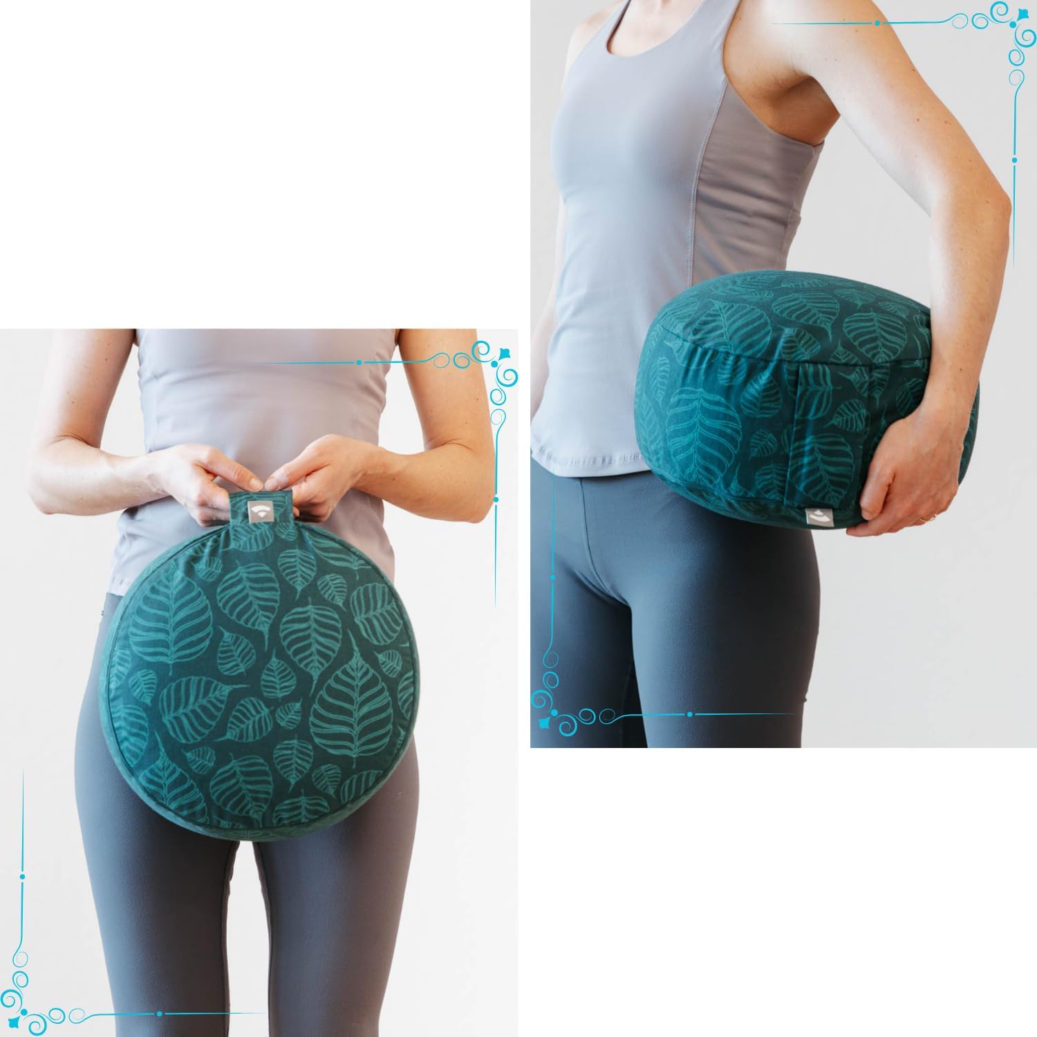 Bodhi Rondo Meditationskissen, abnehmbarer Bezug aus 100 % Baumwolle, Bio-Dinkelfüllung, Höhe 14-20 cm, praktischer Tragegurt, Maharaja-Kollektion (Mineralblau RAJA/Silber Uni) – Bild 6