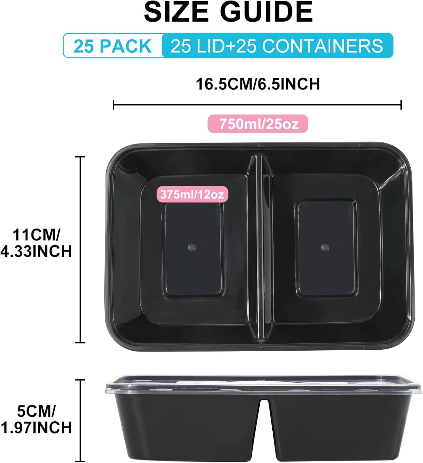 25 Stück Meal-Prep-Boxen, 2 Fächer, 750 ml Mealprep-Behälter mit Deckel, Mikrowellengeschirr, Kunststoff, wiederverwendbar, luftdicht, für Lebensmittel zum Mittagessen, Fitness – Bild 2