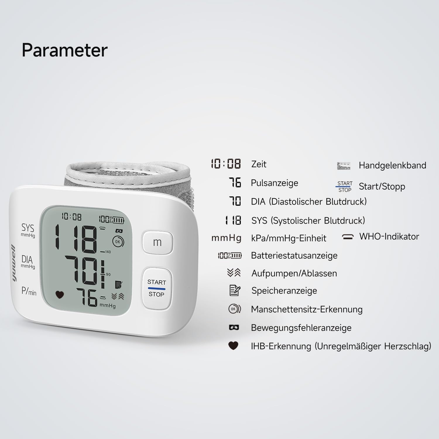 yuwell Wiederaufladbares Handgelenk-Blutdruckmessgerät für den Heimgebrauch, große Blutdruckmanschette, Blutdruckmessgerät mit unregelmäßigem Herzschlag, inklusive Reiseetui und USB-Kabel (YE8800CR) – Bild 6
