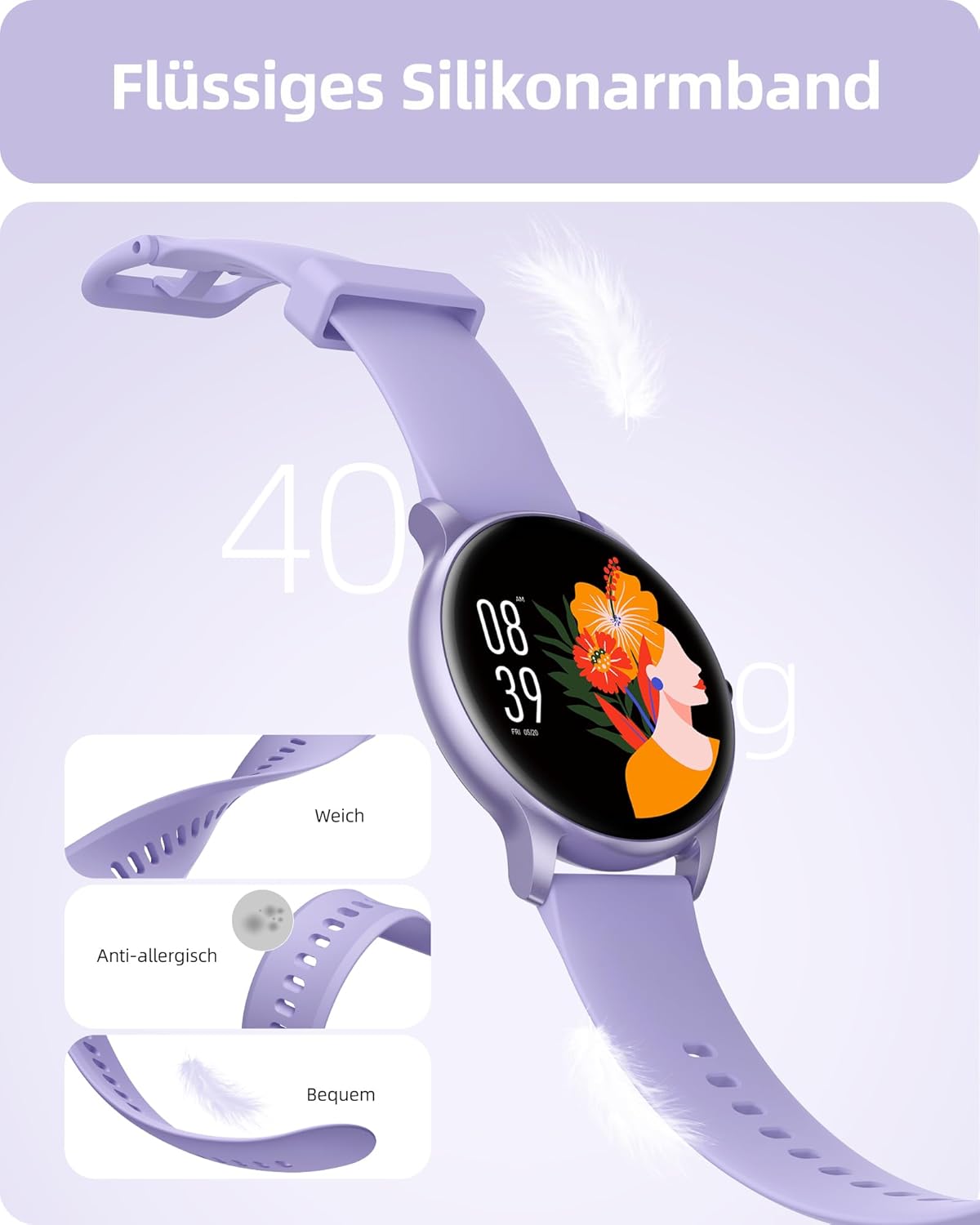 Parsonver SPROD1 Runde Smartwatch für Damen mit Telefonfunktion, Armbanduhr Damen mit Herzfrequenz-Schlafmonitor, SpO2, Schrittzähleruhr mit 100+ Sportmodi, IP68 wasserdicht für Android und iOS, Lila – Bild 2