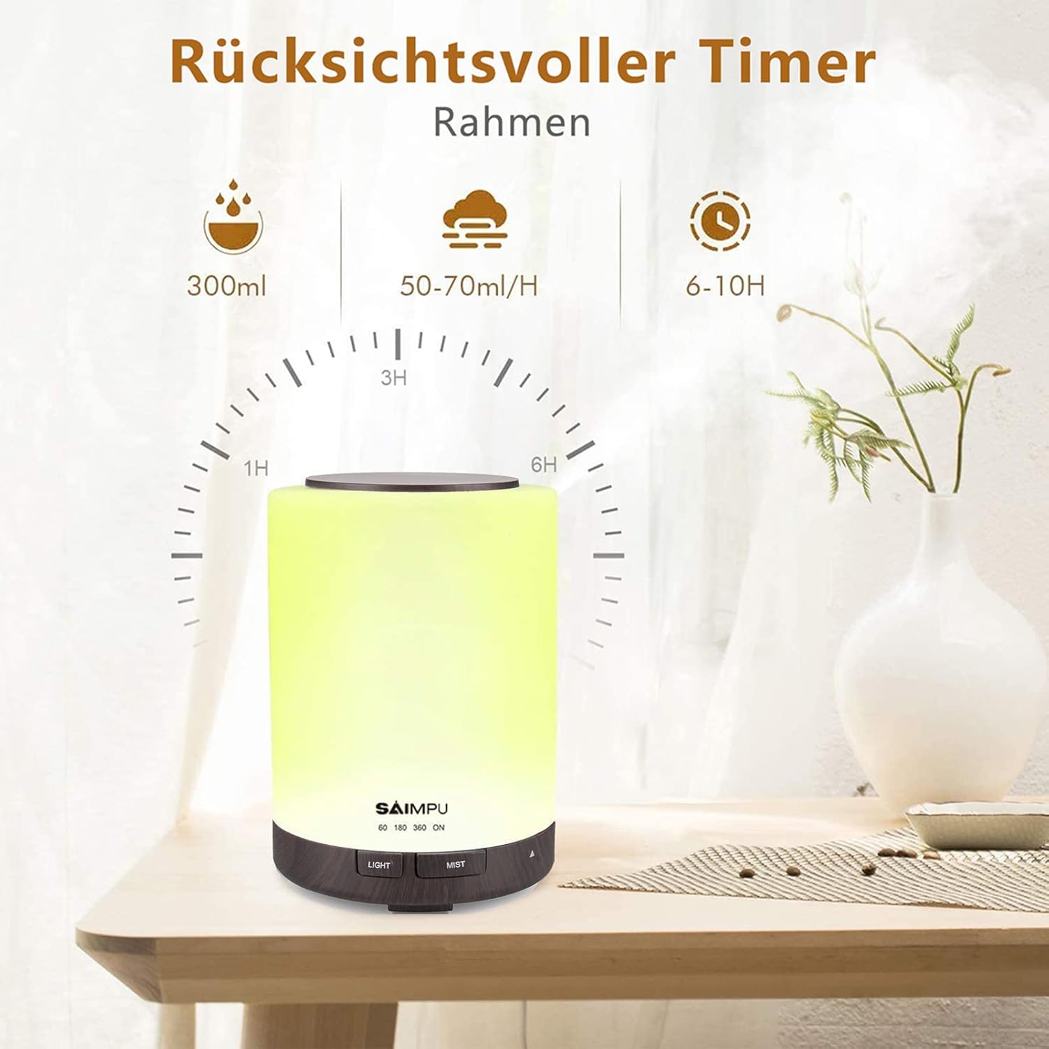 Aromadiffusor, 300 ml, leiser Ultraschall-Luftbefeuchter, Duftöl-Diffusor, Timer & wasserlose automatische Abschaltung, 7 Farben LED, Aromatherapie-Düfte-Luftbefeuchter für Zimmer, Büro, Yoga, Spa usw – Bild 3