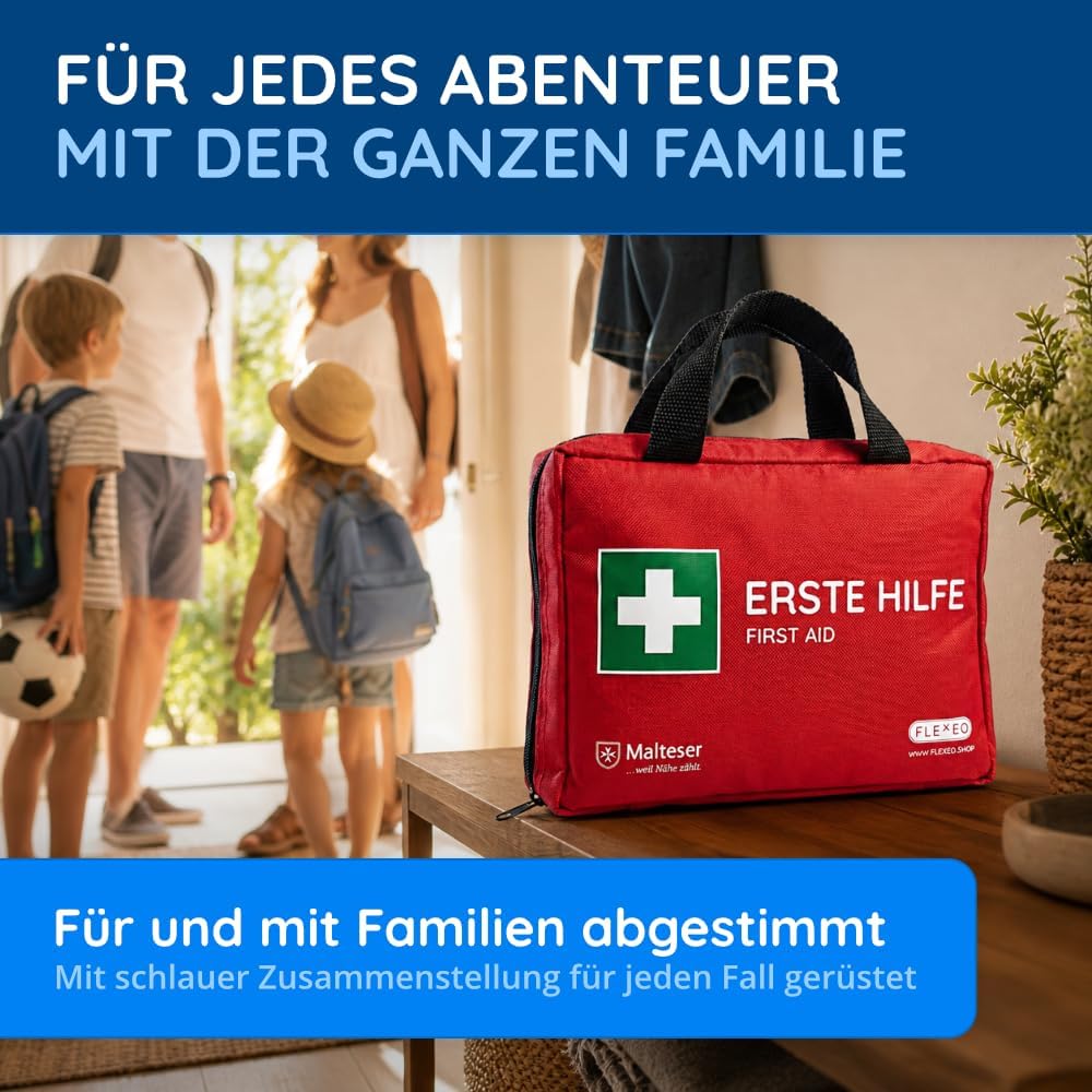FLEXEO Erste-Hilfe-Set „Familie“ | 130-teilige Tragetasche | für Familien und Zuhause | inkl. Brandgel, Wundnahtstreifen und Augenspülung | Ideal als Hausapotheke, Vorsorge, für Haushalt mit Kindern – Bild 6