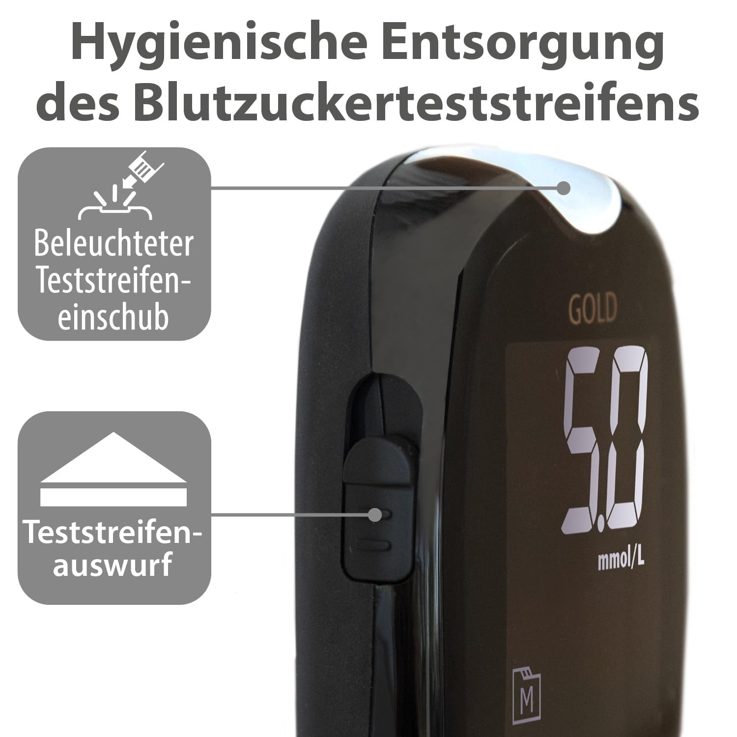 GlucoCheck Gold Blutzuckermessgerät-Set (mmol/L) + 110 Blutzucker-Teststreifen, 10 Lanzetten, 1 Stechhilfe, 1 Etui, Maxi-Sparset zur Blutzucker-Selbstkontrolle – Bild 7