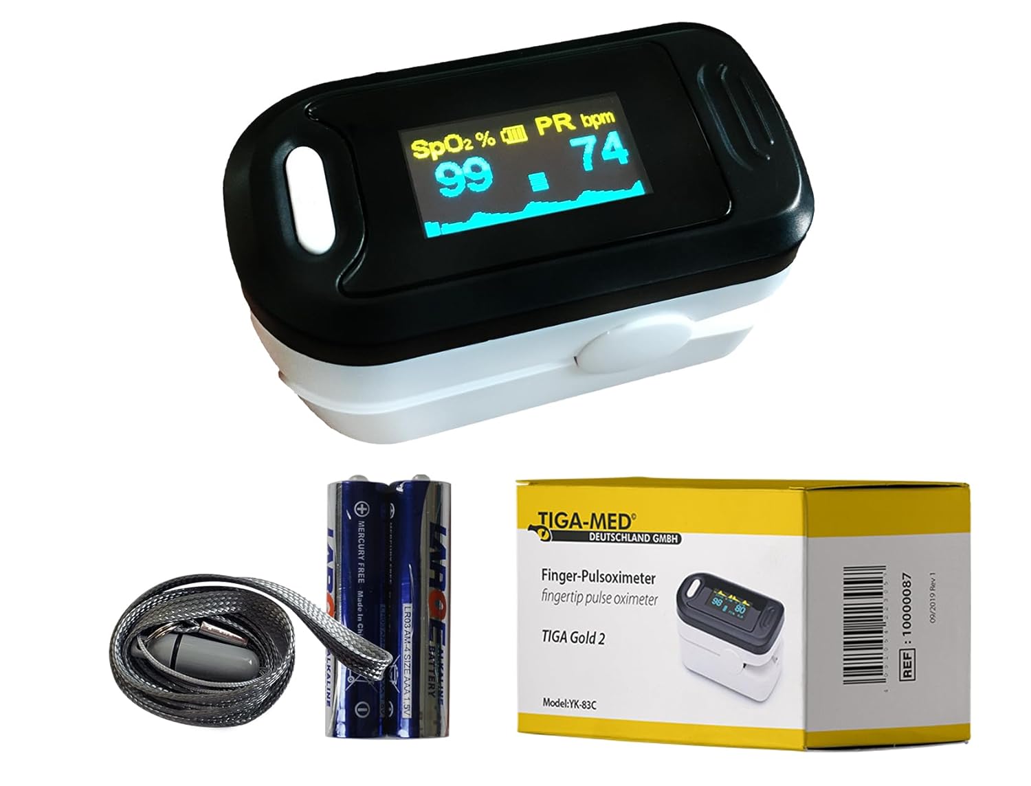 Pulsoximeter Fingerpulsoximeter TIGA-MED Gold 2 Premium mit OLED-Display, Batterien und deutscher Anleitung + Garantie plus zertifiziertes Qualitäts-Fingerspitzen-Pulsoximeter