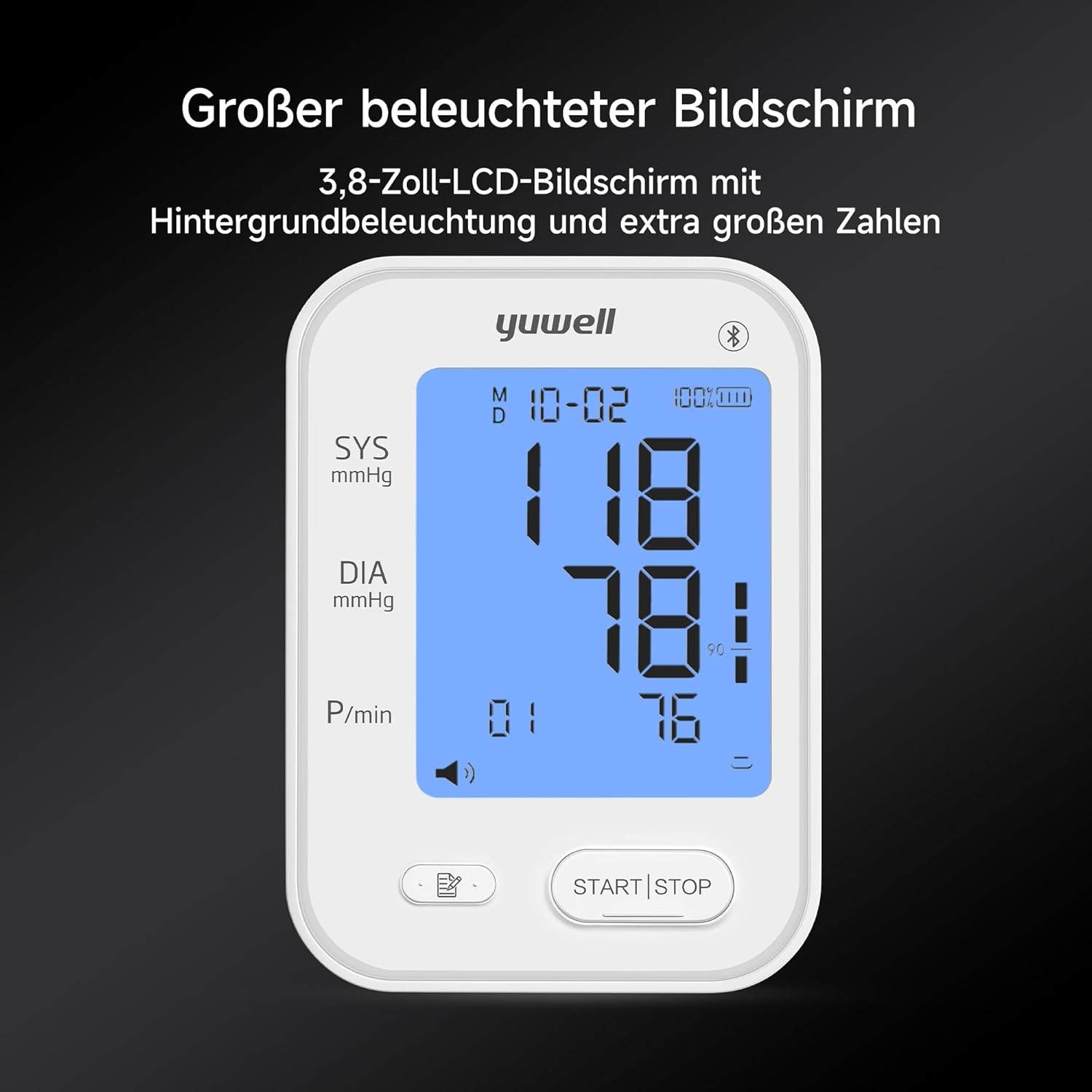 yuwell Intelligentes Oberarm-Blutdruckmessgerät mit Bluetooth, Manschette für 22-45 cm, Sprachübertragung, hintergrundbeleuchtetes Display, wiederaufladbarer Akku, App für iOS & Android (YE650AR) – Bild 7