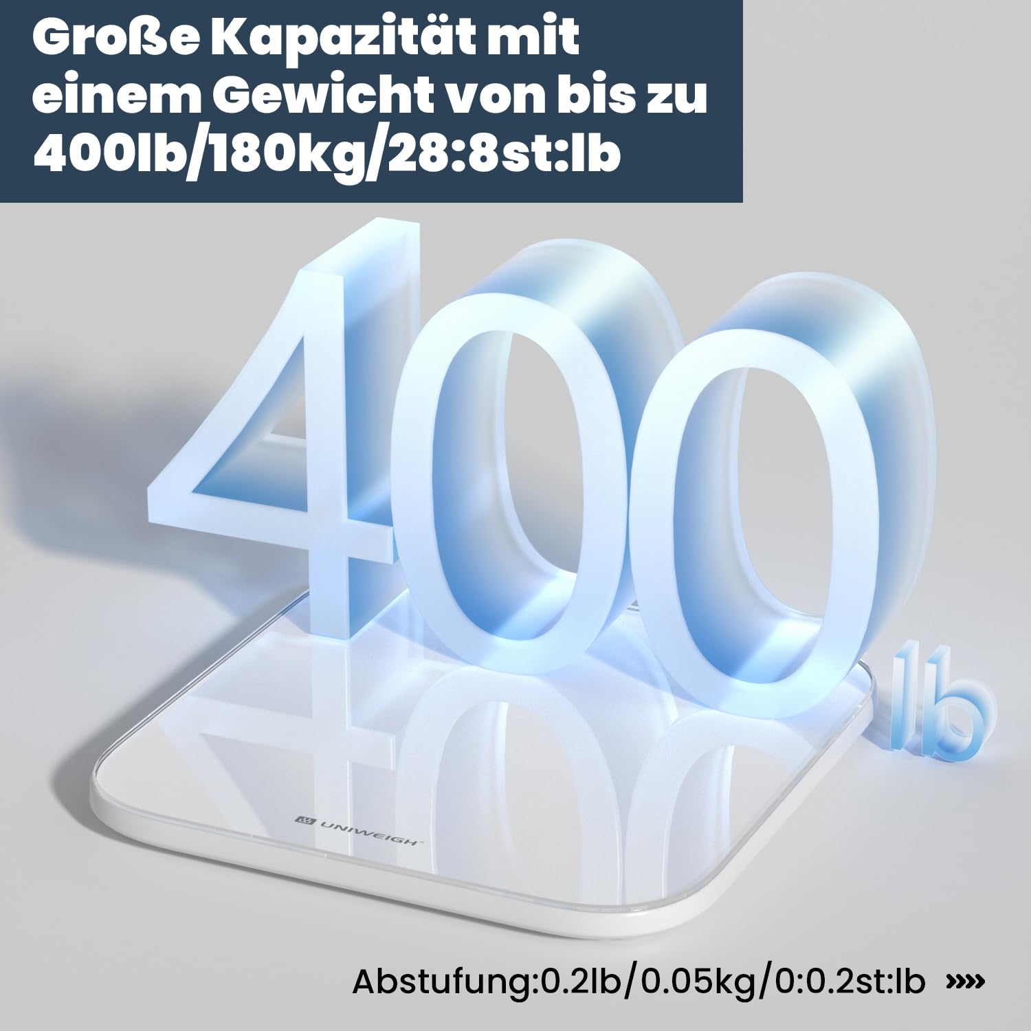 UNIWEIGH Digitale Personenwaage für das Körpergewicht, hochpräzise Gewichtswaage bis 400 lbs/180 kg, Körperwaage mit stabilem gehärtetem Glas, LED-Display, Step-on, 3 Einheiten und Batterien im Lieferumfang enthalten, Weiß – Bild 4