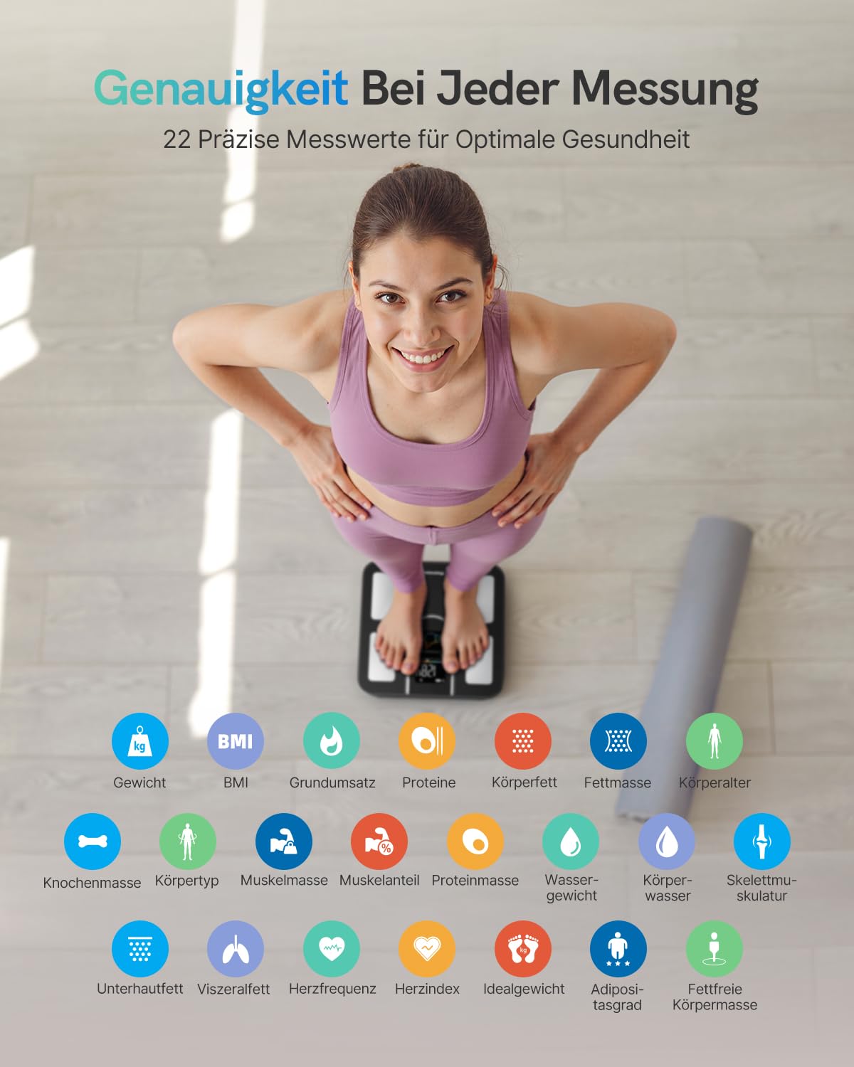 Personenwaage Körperfettwaage Bluetooth Körperanalysewaage mit VA-Anzeige, 22 Körperwerte, Herzfrequenz, BMI, Körperfett & Muskelmasse, kompatibel mit iOS/Android, max. 180 kg – Bild 3