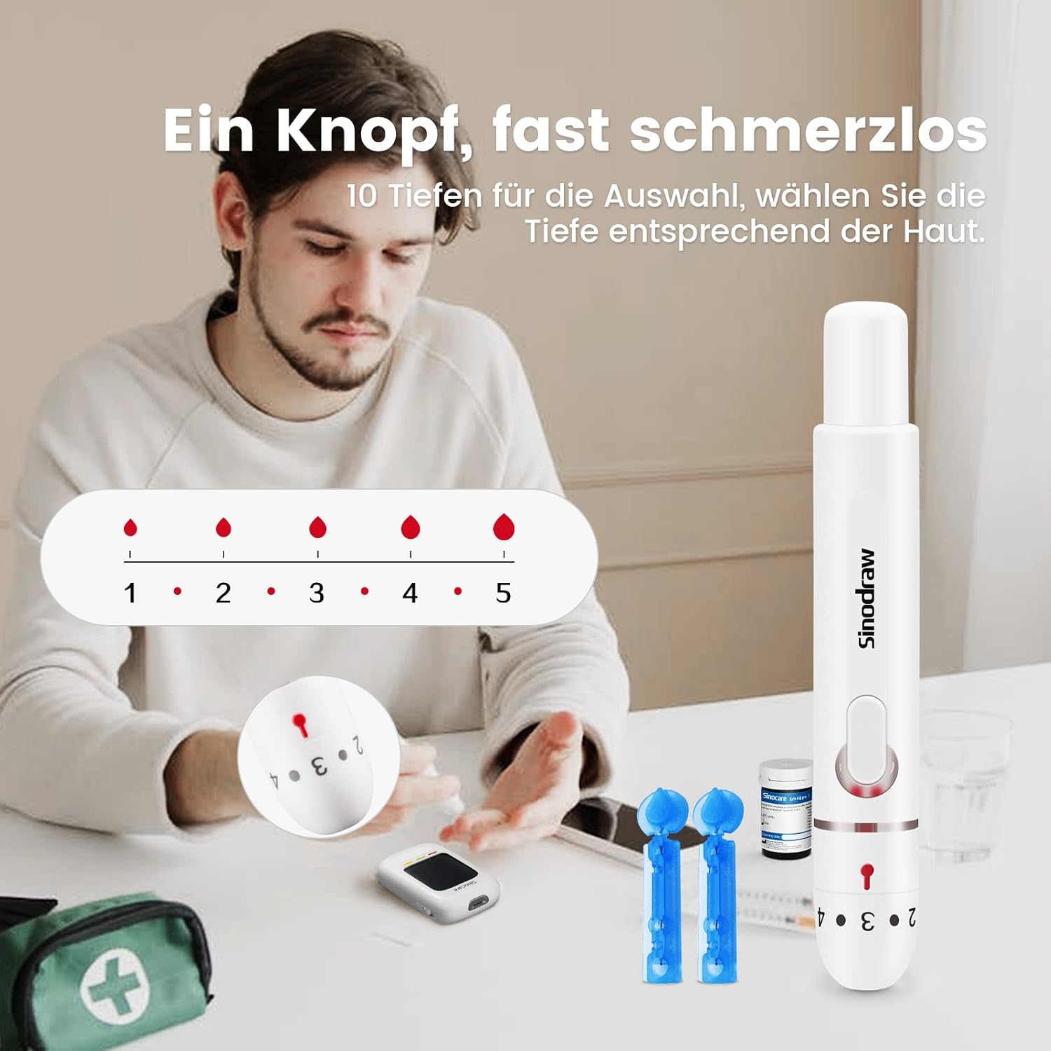 sinocare Blutzuckermessgerät-Set, Upgrade-Zuckermessgerät mit Teststreifen 50, Starter- und ältere Bedienungsfreundlich (Safe AQ Pro I Blutzuckermessgerät-Set 50) – Bild 5