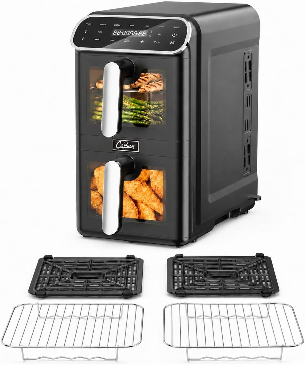 Heißluftfritteuse, 2 Kammern, 11 l, 2 x 5,5 l Airfryer Double Stack mit Sichtfenster, SYNC & DUAL, 9 Programme inklusive DIY, schwer entflammbares V0-Material, 2460 W, spülmaschinenfest