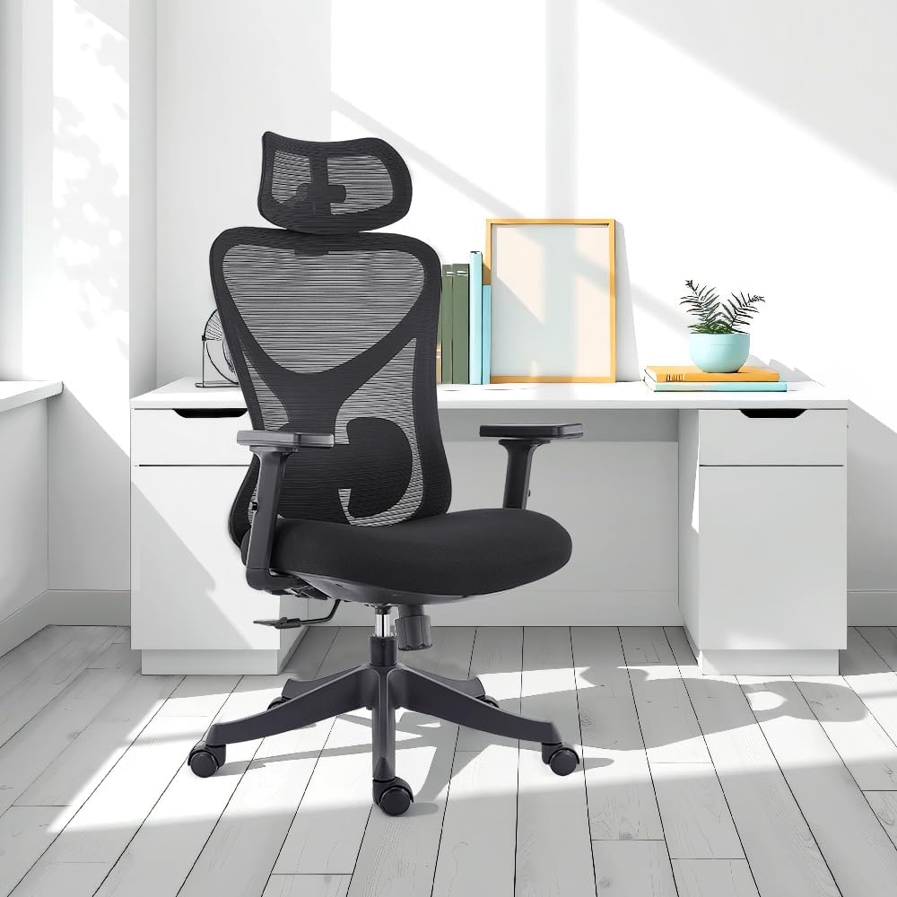 CALIYO G-1635H Ergonomischer Bürostuhl, Schreibtischstuhl mit verstellbarer Kopfstütze, Armlehnen, Lordosenstütze und Wippfunktion – Drehstuhl aus atmungsaktivem Netzstoff, Gaming-Stuhl, Bürostuhl 150 kg, Schwarz – Bild 2