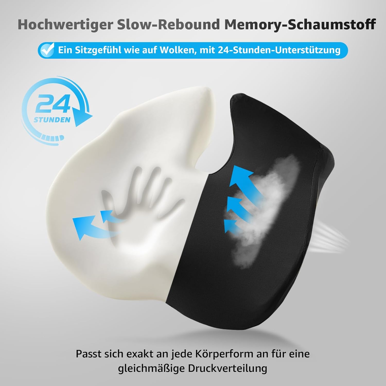 BRO Extra großes orthopädisches Sitzkissen mit Bezug aus Eisseide, ergonomisches Sitzkissen aus Memory-Schaum, Steißbein-Entlastung für Bürostuhl, Auto und Rollstuhl – Bild 4