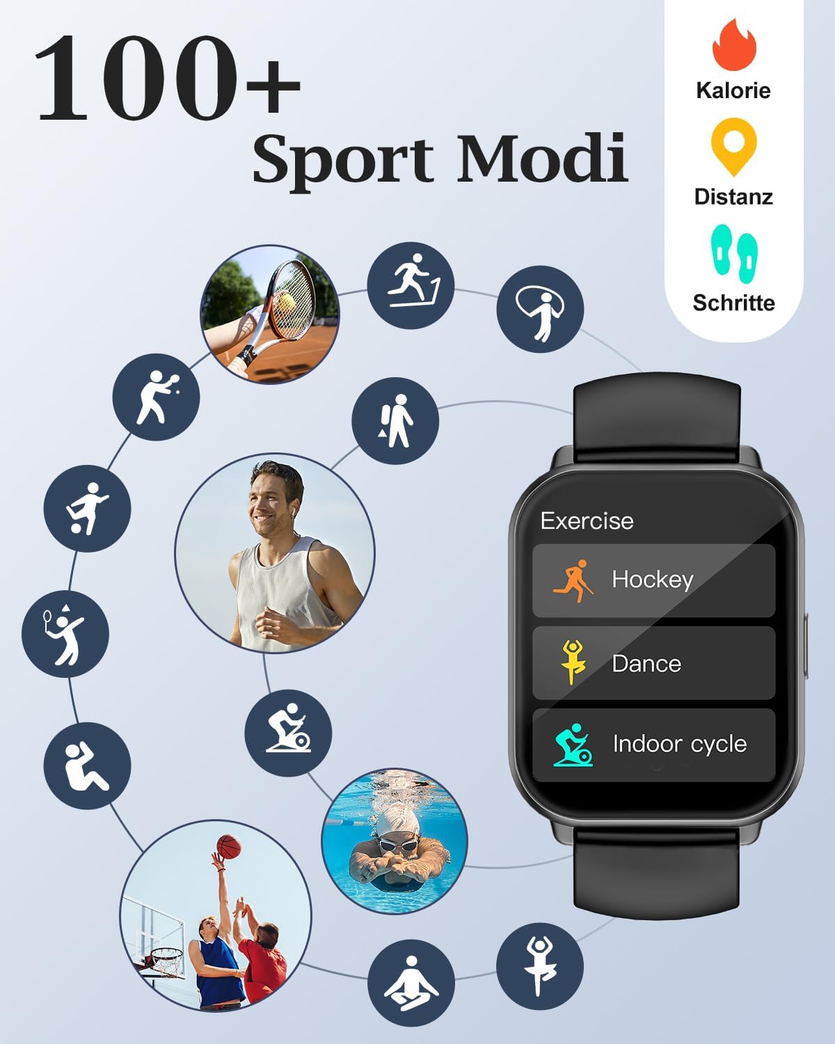 RUIMEN Smartwatch mit Telefonfunktion, Smartwatch für Damen und Herren, 1,85 Zoll HD-Bildschirm, Fitnessuhr mit SpO2-Überwachung, Herzfrequenzmesser, Schlafmonitor, Schrittzähleruhr, 110+ Trainingsmodi für Android iOS (2 Bänder) – Bild 2