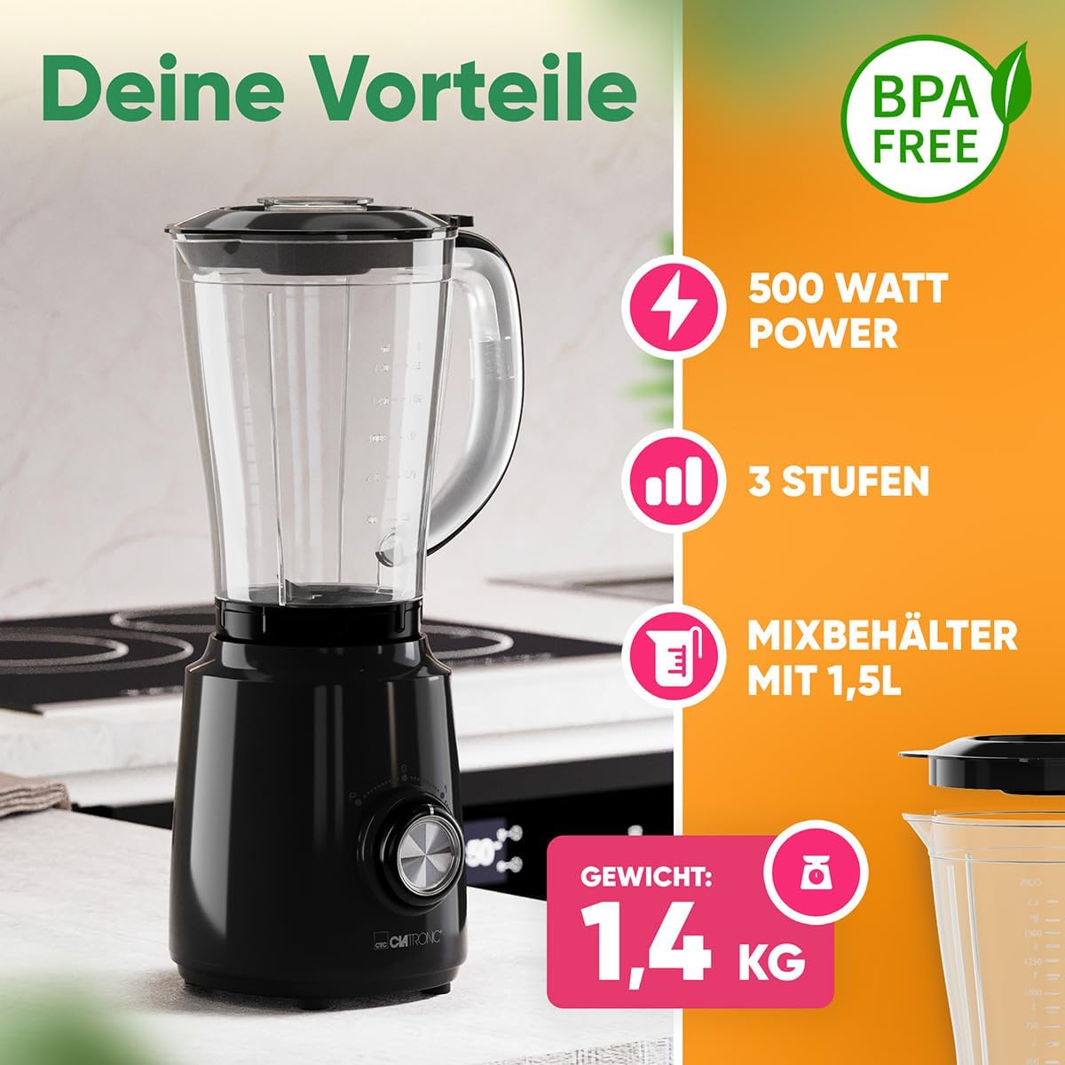 Clatronic UM 3845 Standmixer, 500 W, BPA-frei, 4-Wege-Edelstahlmesser, rostfrei, 1,5 l, Smoothie-Maker, Eis-Crush-Funktion, 3 Stufen, Turbo-Funktion, Deckel mit Nachfüllöffnung – Bild 3