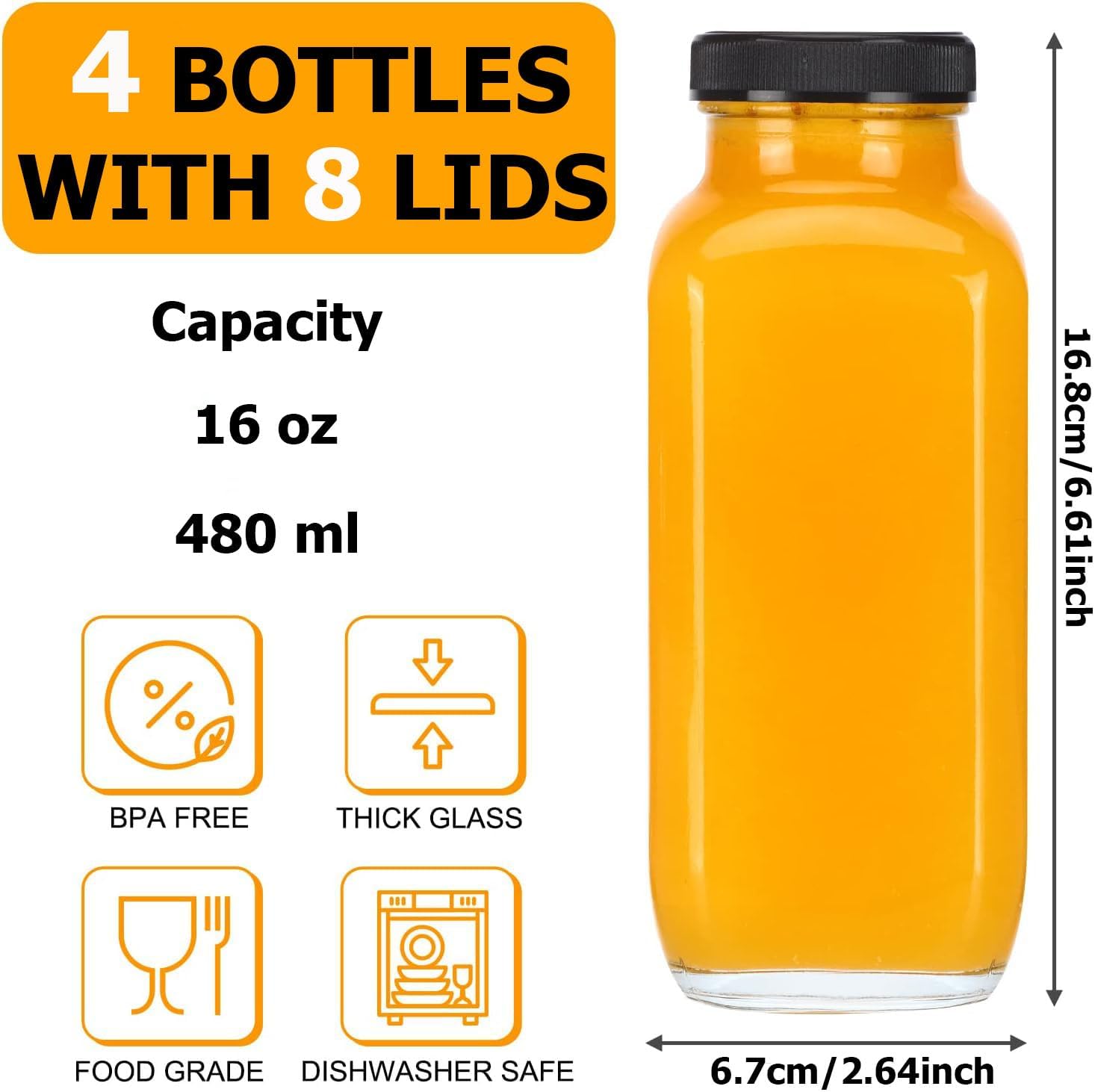 Smoothie-Flasche, 4 Stück, Glasflaschen zum Befüllen, 500 ml Schnapsflaschen zum Befüllen, wiederverwendbare Smoothie-Gläser mit Deckel, ideal für Saft, Ingwer, Milchshakes – Bild 3