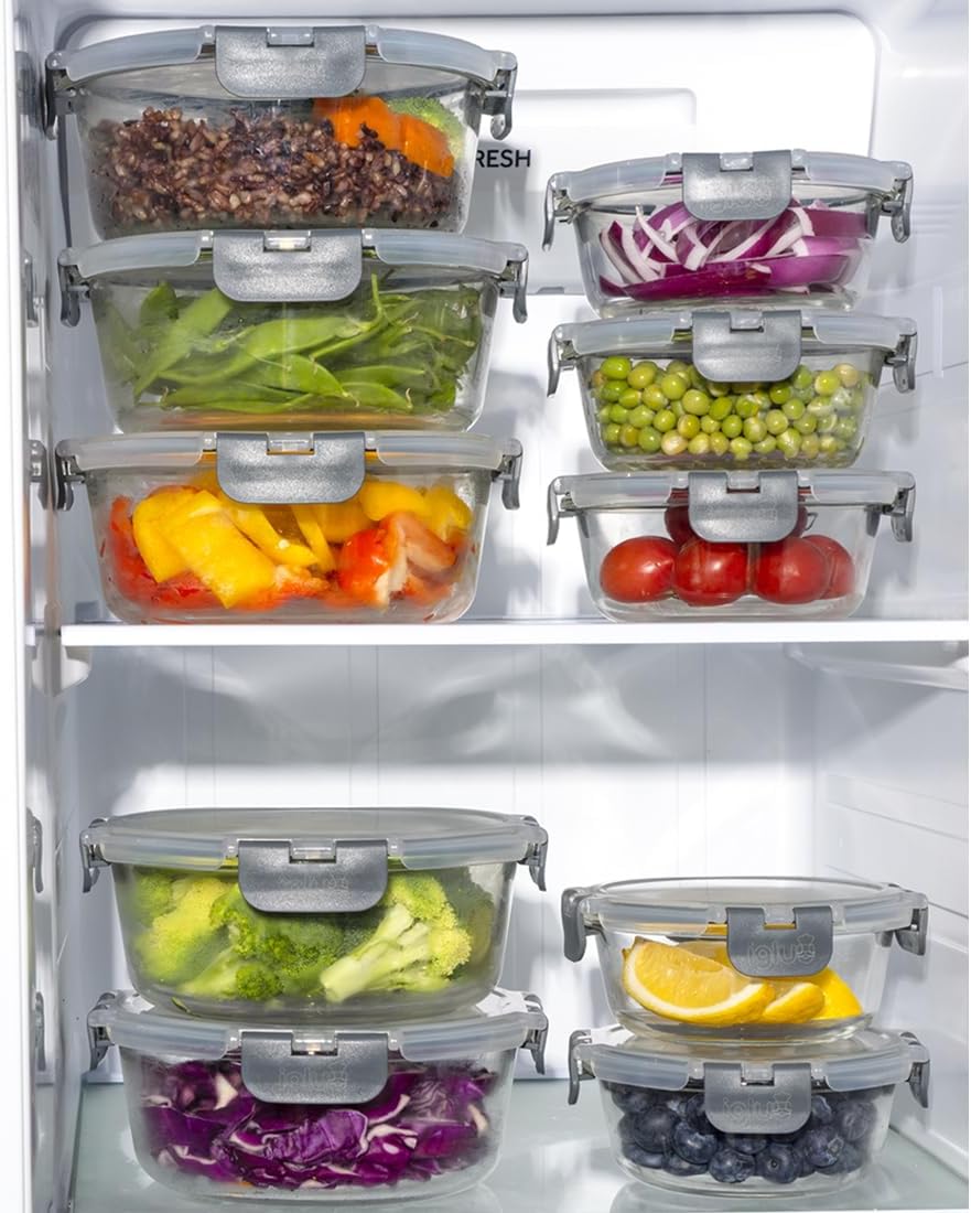 Igluu Meal Prep runde Frischhaltedosen aus Glas mit BPA-freien Deckeln (10 Stück) – mikrowellen-, ofen-, gefrierschrank-, spülmaschinenfest, auslaufsicher – 400 und 950 ml – robustes Borosilikatglas – Bild 6