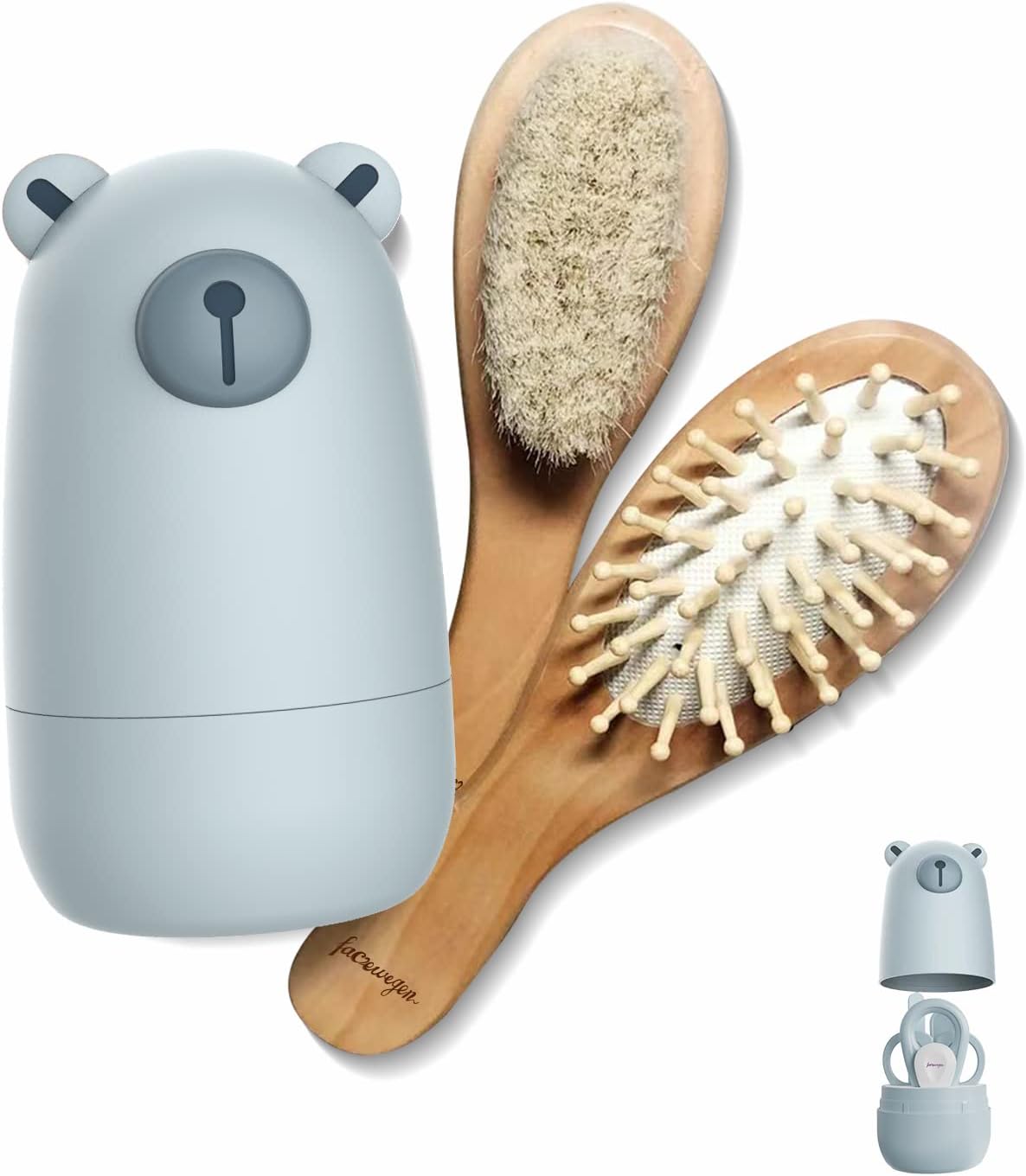 Baby 6-in-1-Pflegeset, Haarbürste und Kamm aus Naturholz, Nagelschere, Nagelfeile und Pinzette für Kinder und Neugeborene in süßer Geschenkverpackung