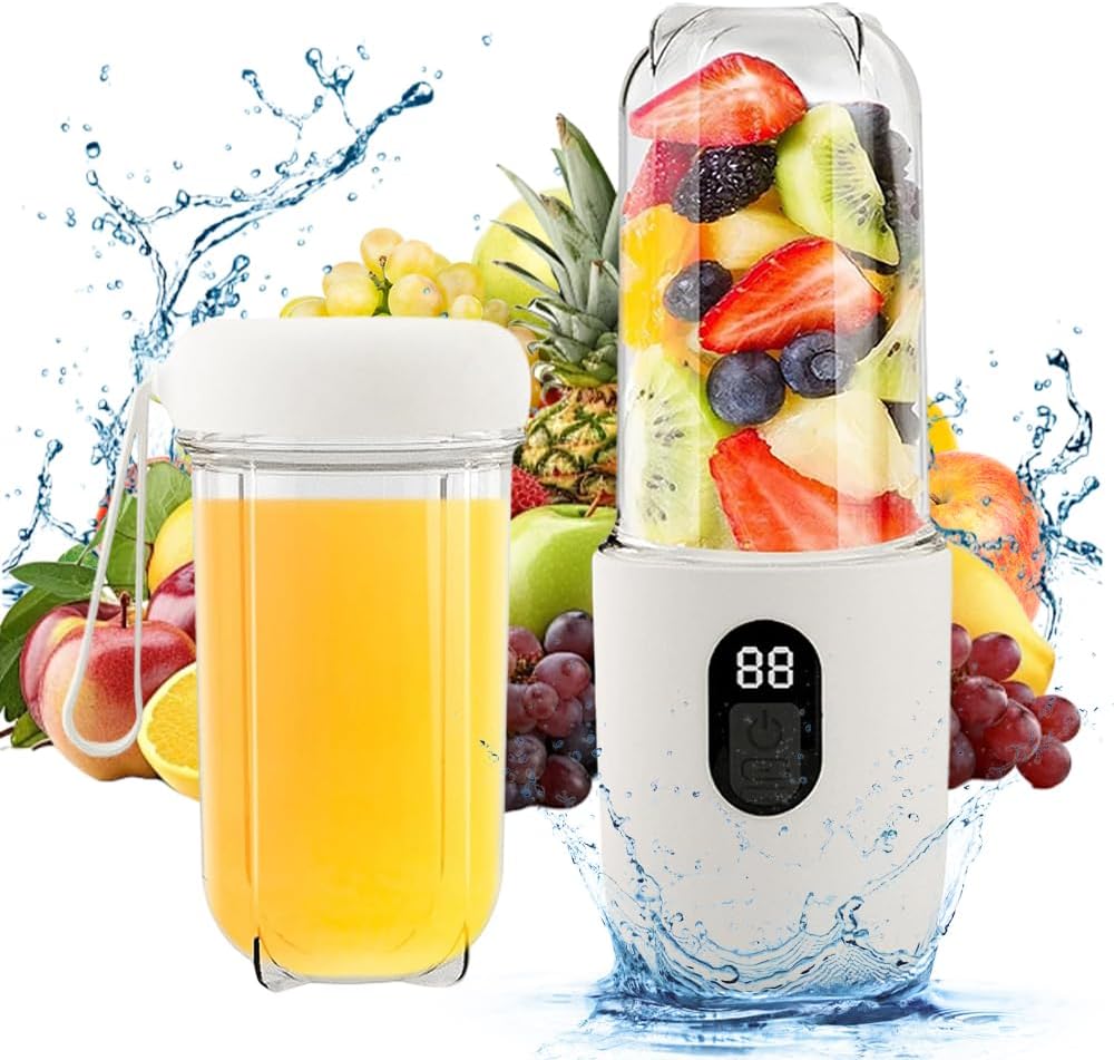 Tragbarer Mixer, 500 ml Smoothie Maker, 16 Blatt tragbarer elektrischer Entsafter, Mini-Mixer 1200 mAh, Smoothie Maker to Go mit Digitalanzeige für Babynahrung, Saft, Marmelade, Shake, Smoothie, Weiß – Bild 8