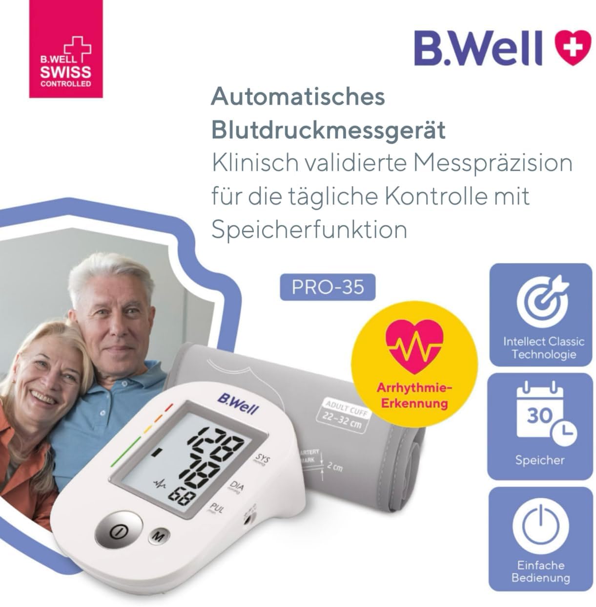 B.Well Swiss PRO-35 Automatisches Oberarm-Blutdruckmessgerät, klinisch validiertes Blutdruckmessgerät, Arrhythmie-Erkennung und 30 Speicherplätze, inklusive waschbarer Manschette, Größe ML + Adapter – Bild 2