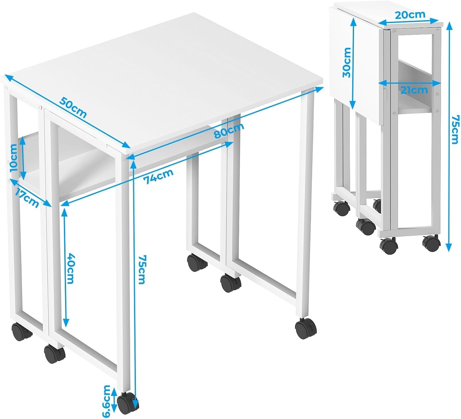 GreenForest Kleiner Klappschreibtisch, 80 cm Klappschreibtisch mit Rollen, einfacher Aufbau, Klappschreibtisch mit Stauraum, Home-Office-Klapptisch, Weiß – Bild 3