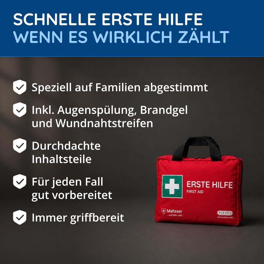 FLEXEO Erste-Hilfe-Set „Familie“ | 130-teilige Tragetasche | für Familien und Zuhause | inkl. Brandgel, Wundnahtstreifen und Augenspülung | Ideal als Hausapotheke, Vorsorge, für Haushalt mit Kindern – Bild 2
