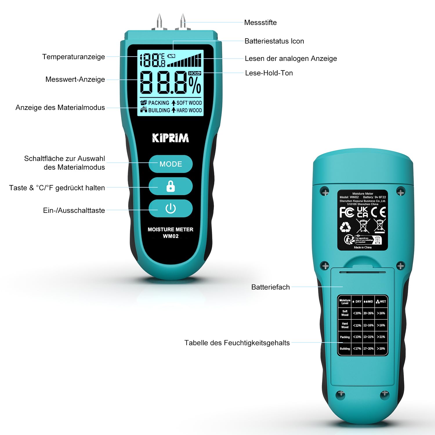 Kiprim Feuchtigkeitsmessgerät mit Stiften für Holz, Wand, Beton, Karton – Digitales Holzfeuchtemessgerät mit LCD, Temperaturanzeige (°C/°F), Haltefunktion, 4 Modi, Ersatzsonden WM02 – Bild 3