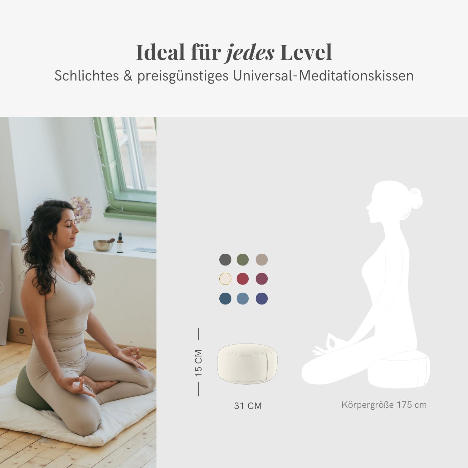 Lotuscrafts Yogakissen, Meditationskissen, runder Lotus, bequeme und entspannte Meditation – Sitzhöhe 15 cm, waschbarer Baumwollbezug, Yoga-Sitzkissen mit Dinkelfüllung, GOTS-zertifiziert, weiß – Bild 4