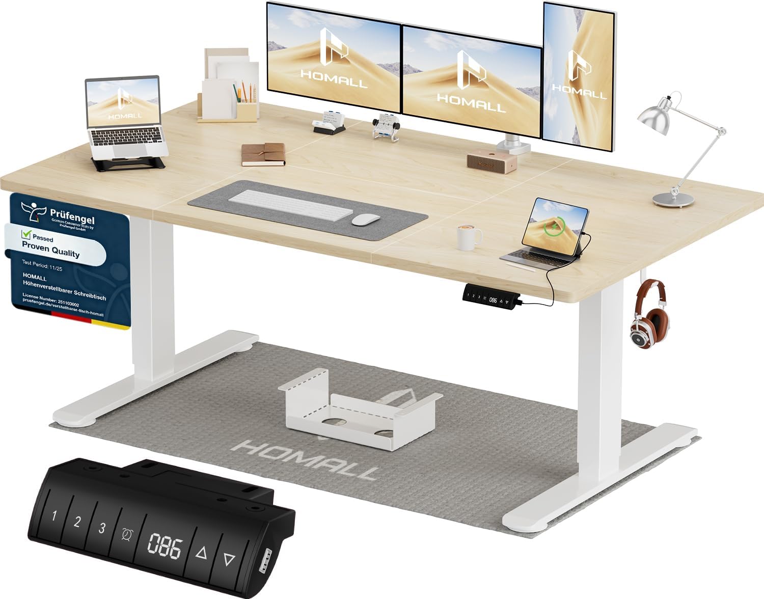 Homall höhenverstellbarer Schreibtisch 160 x 80 cm, elektrischer Schreibtisch mit vierteiliger Tischplatte, Computertisch mit Memory-Funktion, Stehpult
