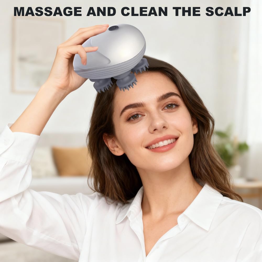 Elektrisches Kopfmassagegerät, elektrisches Kopfmassagegerät, IPX7 wasserdichtes Katzenmassagegerät mit 4 Massageköpfen, Kopfhautmassagegerät für Ganzkörpermassage, Hundekörperhaarwachstum (Silber) – Bild 6