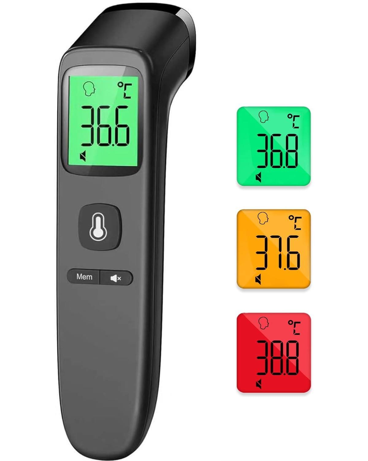 Kontaktloses Fieberthermometer, Stirnthermometer mit sofort genauen Messwerten, Fieberalarm, LCD-Display und 35 Speichersperren, digitales Infrarot-Thermometer für Kinder und Erwachsene (Tiefschwarz)