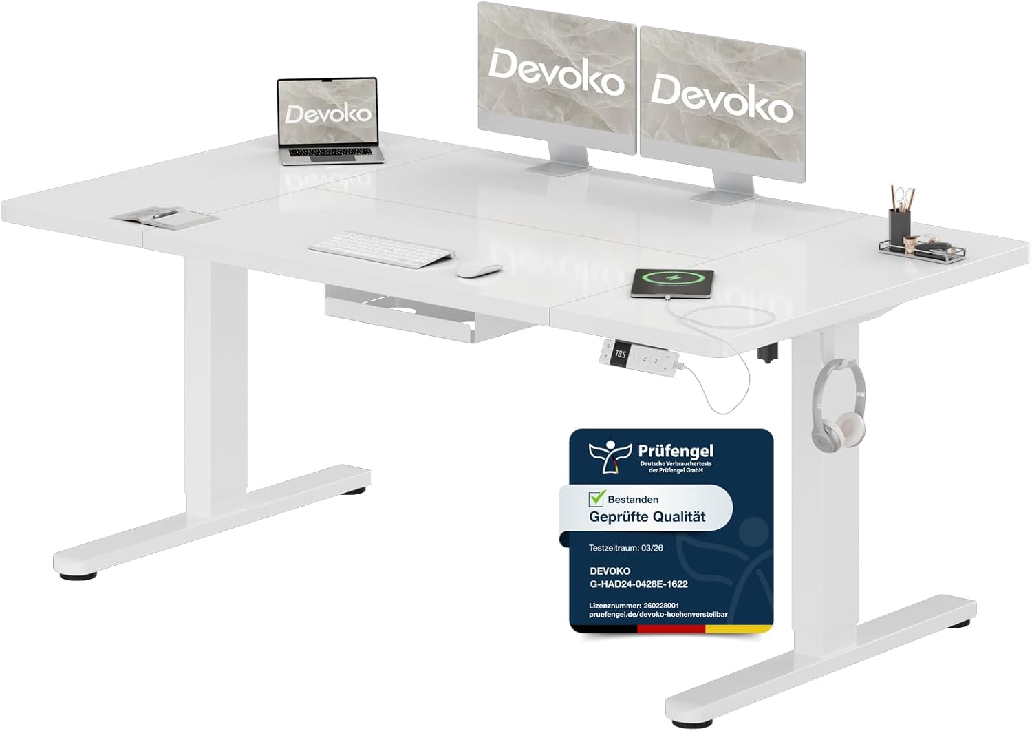 Devoko Höhenverstellbarer Schreibtisch 160 x 80 cm mit Typ-C-Ladeanschluss, mobiler elektrischer Computertisch mit Kabelmanagement-Ablage und 3-Funktions-Speicher, Weiß