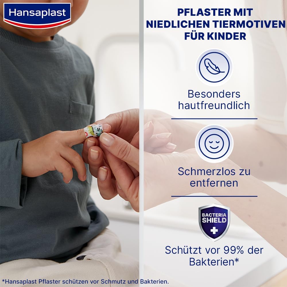 Hansaplast Sensitive Kinderpflaster (20 Streifen), Wundpflaster mit niedlichen Tiermotiven zur Aufmunterung von Kindern, schmerzfreie Entfernung, Pflasterset – Bild 2