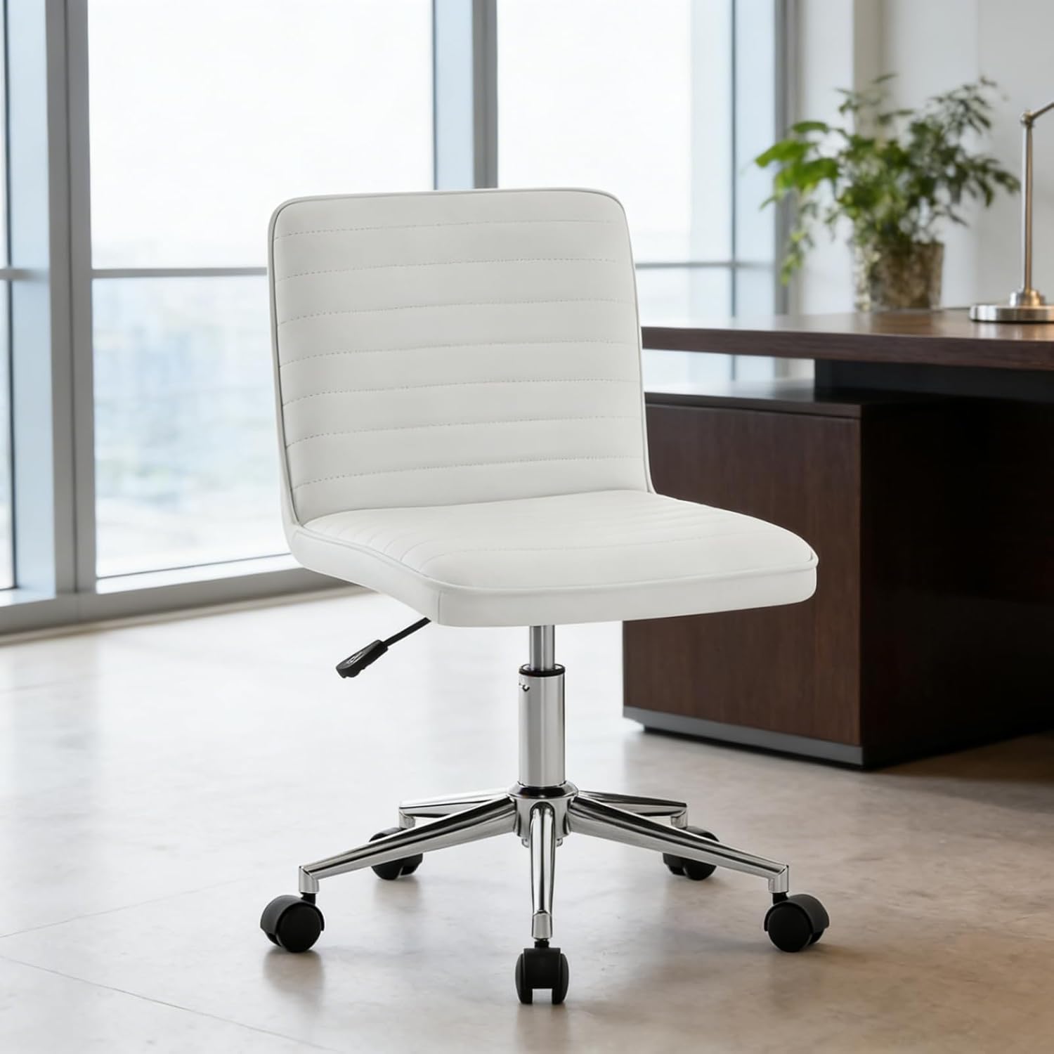 Hellove Bürostuhl, Schreibtischstuhl, ergonomischer PU-Leder-Drehstuhl ohne Armlehnen, höhenverstellbar, Home-Office-Stuhl, 360° drehbar, für Arbeitszimmer, Büro, Wohnzimmer, Schlafzimmer, Weiß – Bild 6