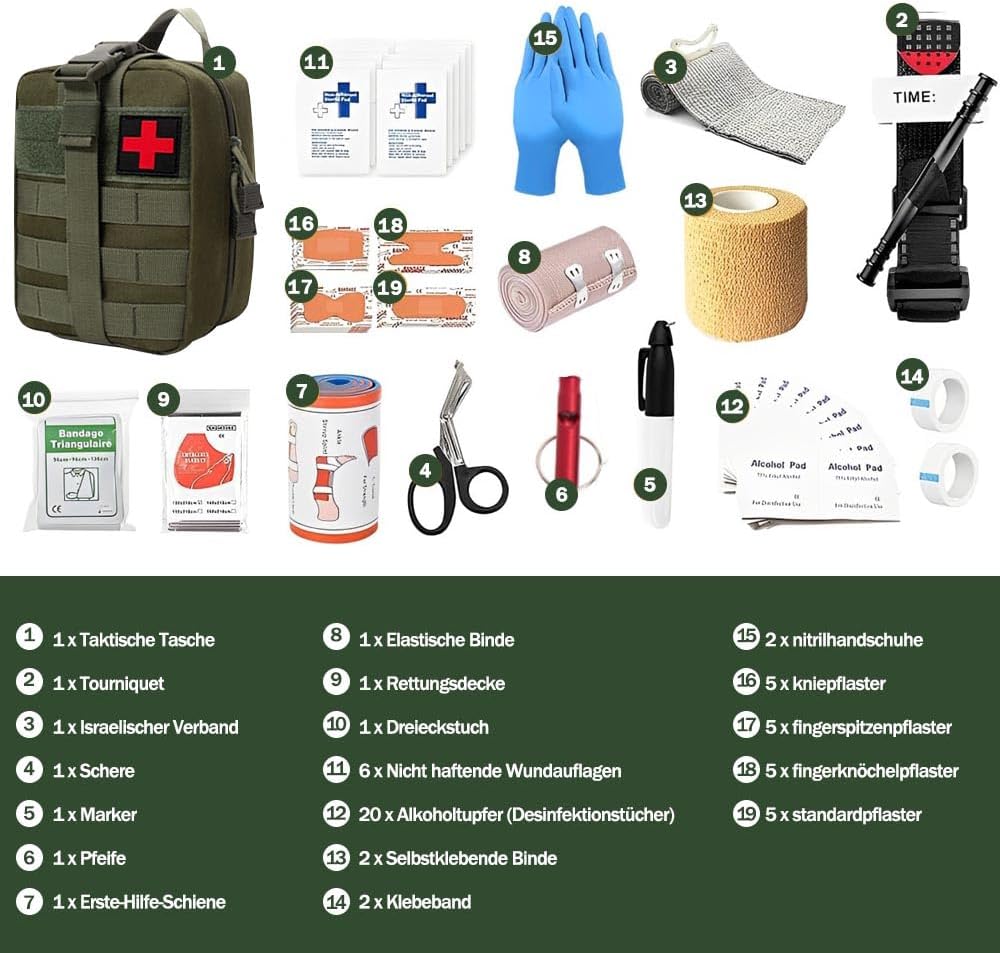 Erste-Hilfe-Set Outdoor Militär, 61 Teile Erste-Hilfe-Set Militär, Ifak gefüllt, Notfallset, Survival-Set für Outdoor-Camping, Jagd, Wandern, Zuhause, Auto, Klettern (Militärgrün) – Bild 3