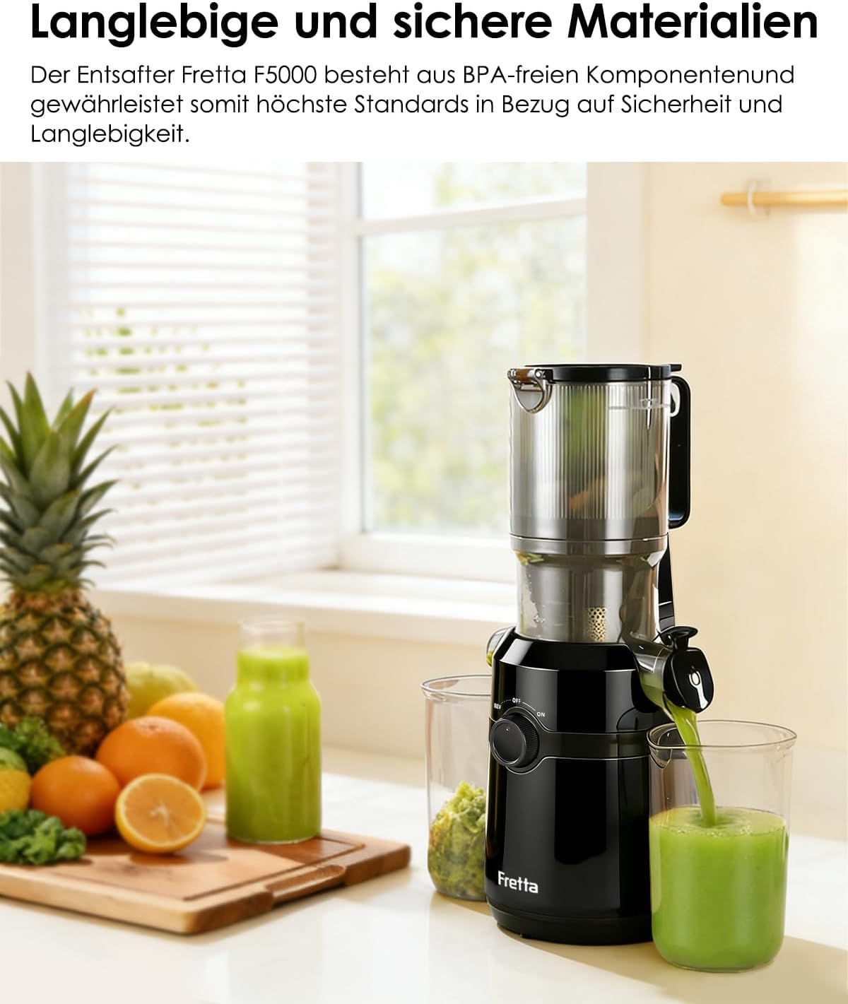 Fretta Entsafter, Slow Juicer mit 108 mm Breite und größerem Einfüllrohr, Füllvolumen für ganzes Gemüse und Obst, BPA-freier Entsafter aus Tritan-Material, einfache Installation, 200 W – Bild 3