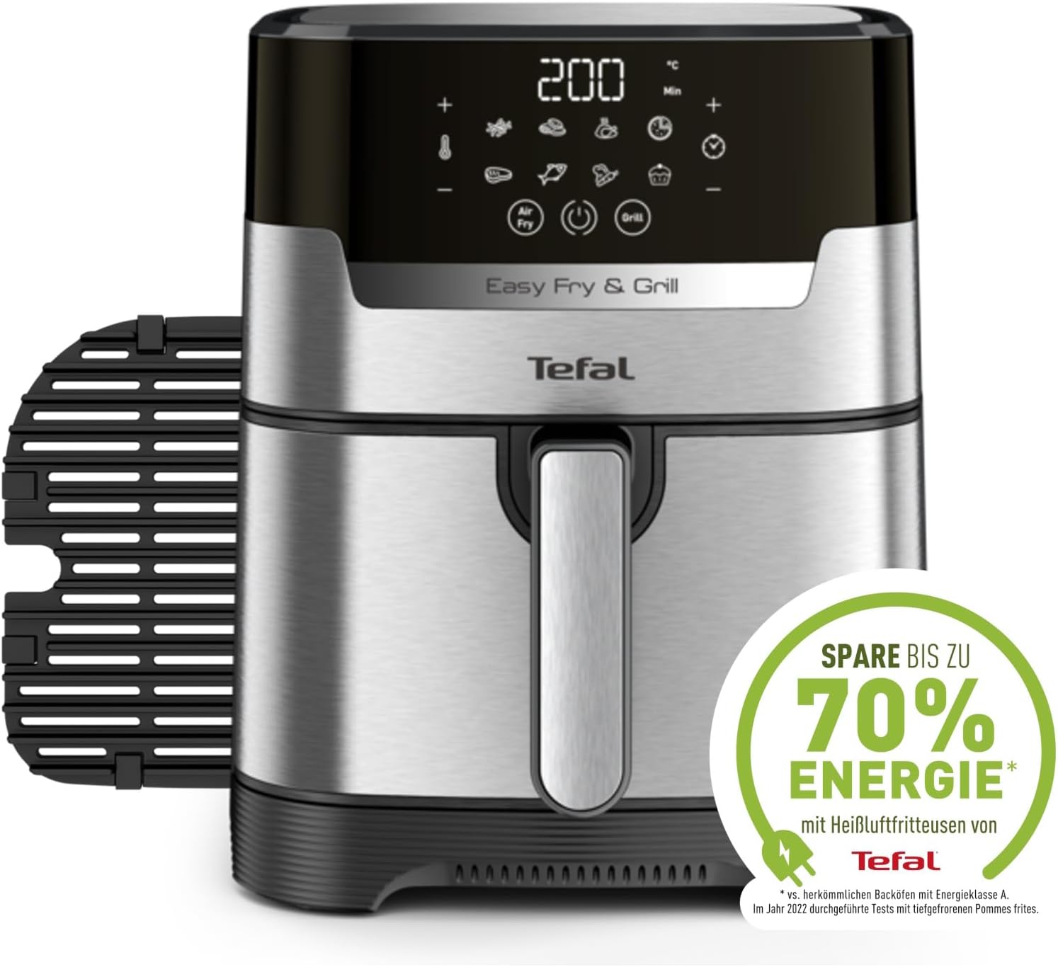 Tefal Easy Fry & Grill Heißluftfritteuse, 2-in-1-Technologie, Heißluftfritteuse und Grill, digitales Display, 4,6 Liter für 6 Portionen, 8 Kochprogramme, energiesparend, kein Öl, Edelstahl, XL-Volumen, EY505D – Bild 8