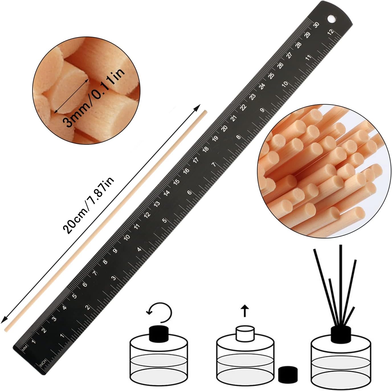 Hemiks 100 Stück Rattan-Stäbchen für Raumduft, 20 cm x 3 mm Diffusor-Stäbchen, Rattan-Schilffaser, Aroma-Diffusor-Stäbchen für ätherische Öle im Home-Office-Hotel-Spa (natürlich, schwarz) – Bild 3