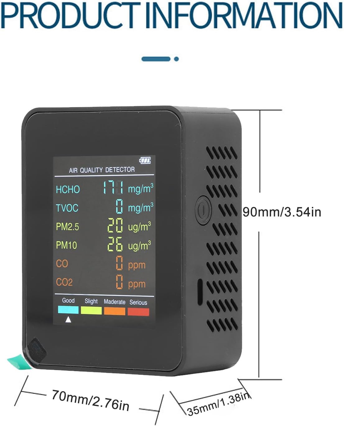 lyrlody Luftqualitätsmonitor zur Überwachung der Luftqualität, Luftqualitätsmessgerät mit LCD-Hintergrundbeleuchtung und CO₂-TVOC-HCHO-PM2,5-PM10-Messung für die Prüfung der Luftqualität in Innenräumen (schwarz) – Bild 3