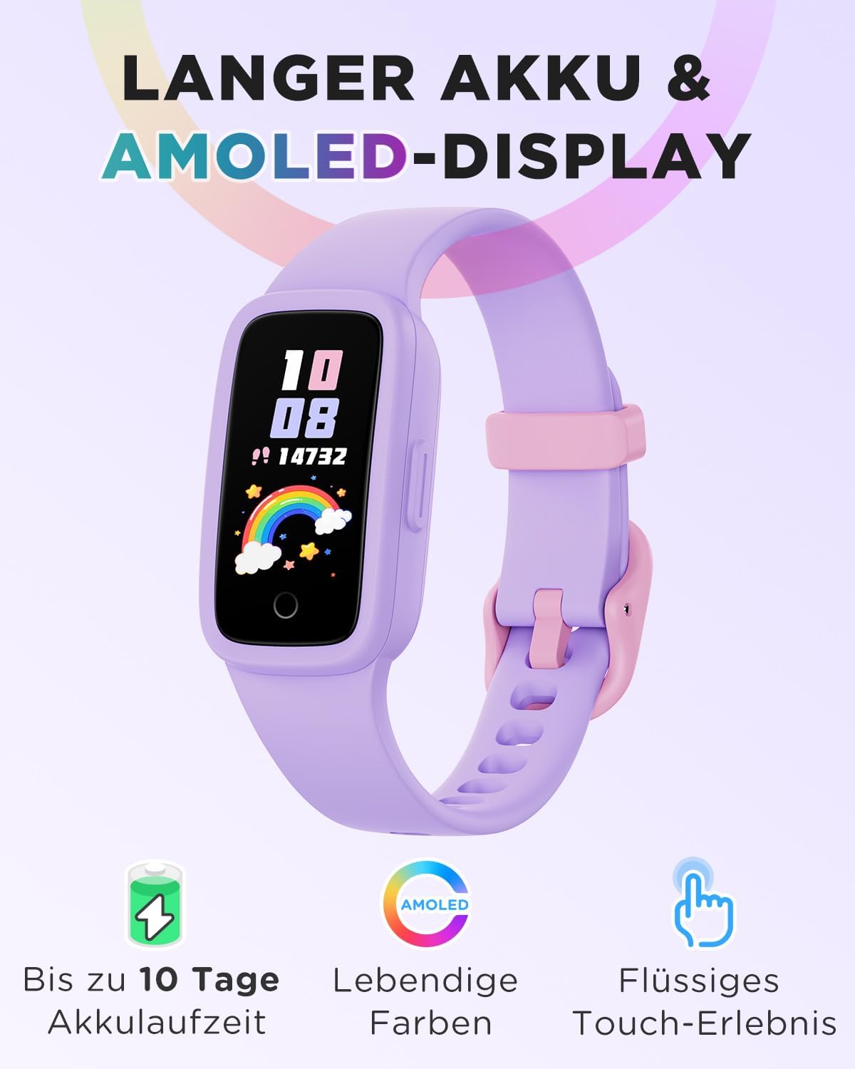 BIGGERFIVE Vigor 3 Kinder-Fitness-Armbanduhr mit AMOLED-Display ohne App und ohne Smartphone, 3ATM wasserdicht, Herzfrequenzmesser, Schlaftracker, Fitnessuhr, Sportuhr, Schrittzähler für Mädchen 5-12 Jahre, Lila – Bild 2
