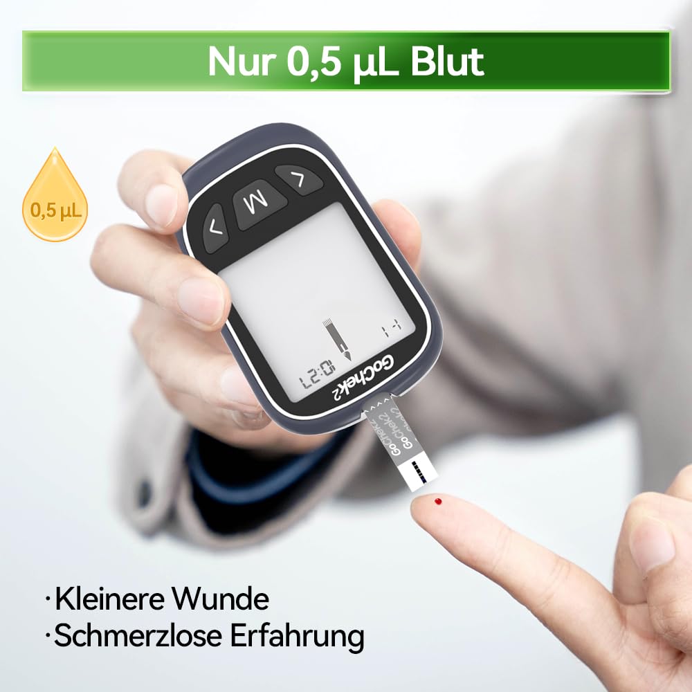 MicroTech Blutzuckermessgerät-Set mit 10 Teststreifen und Lanzetten, ohne Codierung, 500 Speicher, breiterer HKT für die Familie (mmol) – Bild 6