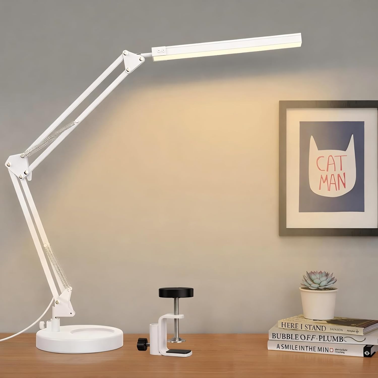 SKYLEO Schreibtischlampe dimmbar – Tischlampe mit Clip und Sockel – Augenschutz-LED-Schreibtischlampe – 3 Lichtmodi x 10 Helligkeitsstufen – Weiß