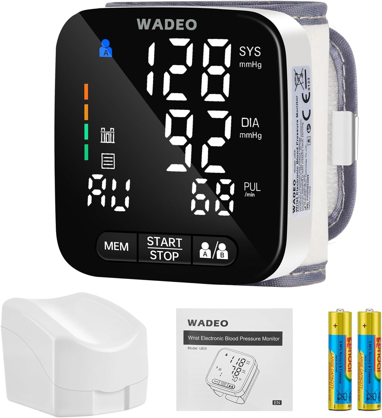 WADEO Digitales Handgelenk-Blutdruckmessgerät, 5-Sprachen-Eingabeaufforderung, Arrhythmie-Erkennung, tragbares Blutdruckmessgerät für Zuhause und unterwegs, 2 x 99 Speicher, mit Batterien und Aufbewahrungsbox