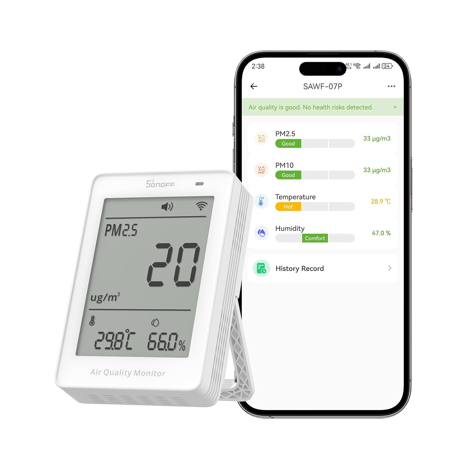 SONOFF Smart Monitor für Raumluftqualität mit PM2,5, PM10, Temperatur- und Luftfeuchtigkeitssensor, Echtzeitanzeige und Alarm, Materie-kompatibel, 2,4 GHz WLAN, 3,73-Zoll-Bildschirm