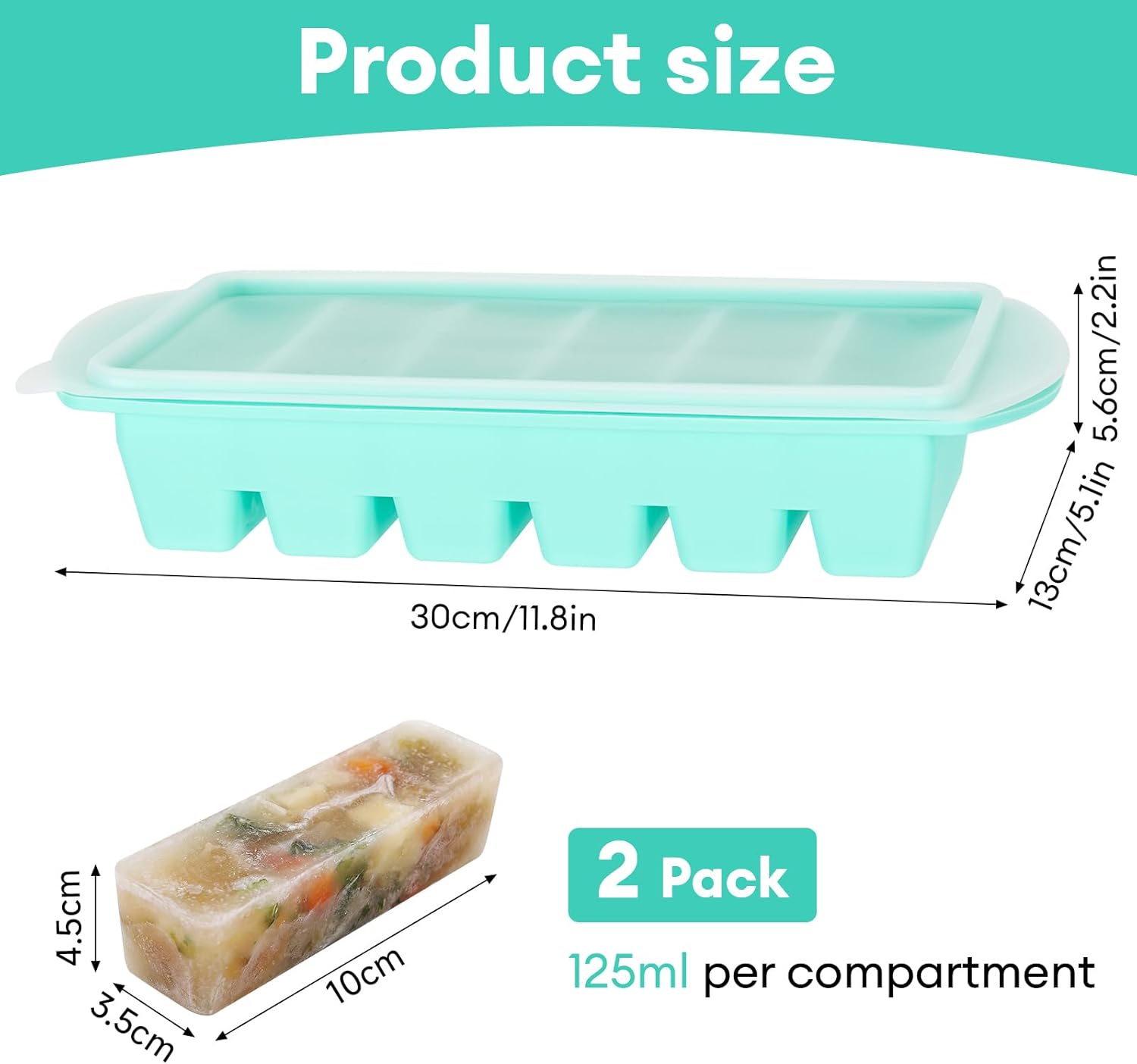 2er-Pack Suppen-Gefrierbehälter, 6 Fächer × 165 ml Suppenwürfel, Silikon-Gefrierbehälter mit Deckel, BPA-frei, Lebensmittel-Suppen-Gefrierschrank, Suppen-Eiswürfelform für Brühe, Soße, Eis (Mintgrün) – Bild 2