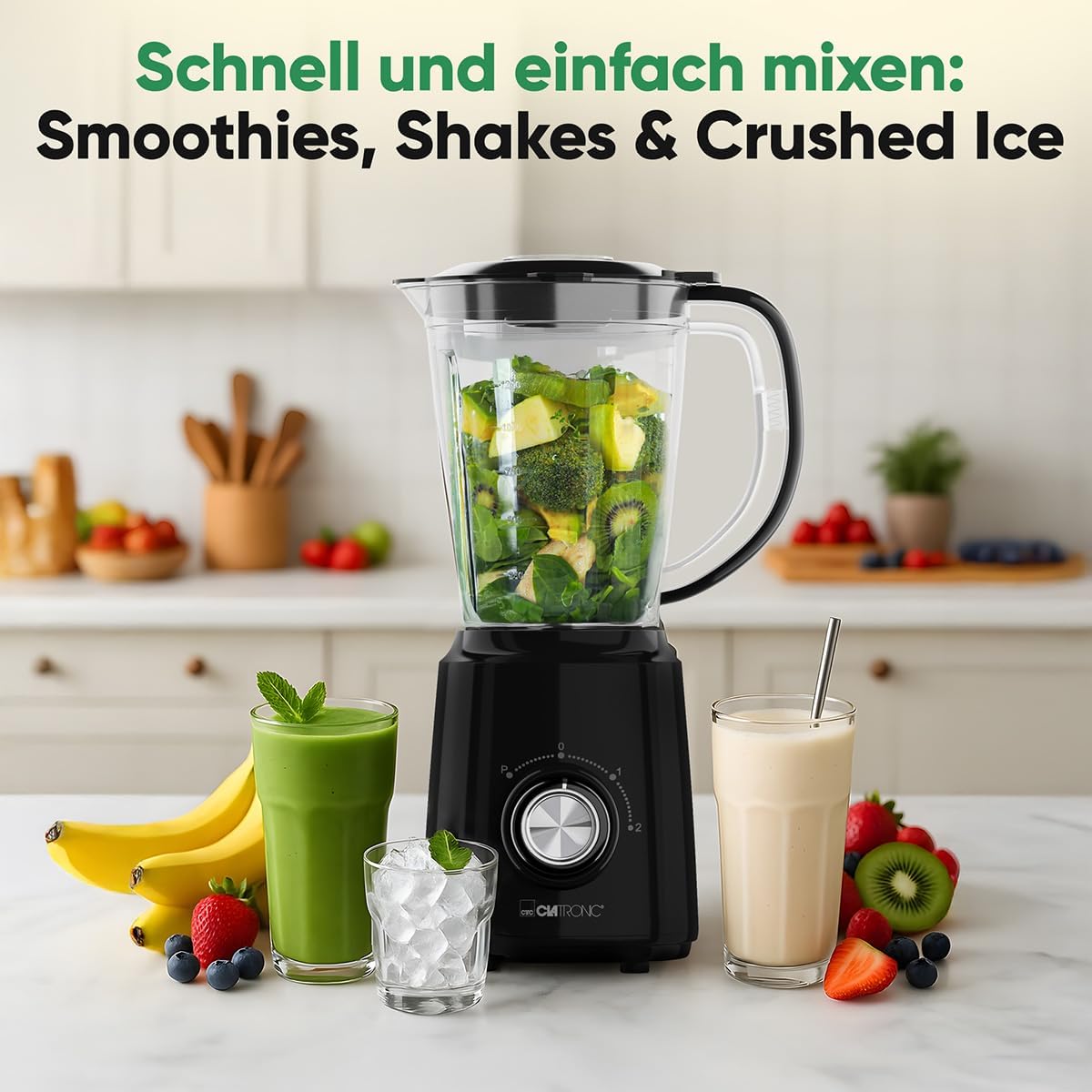 Clatronic UM 3845 Standmixer, 500 W, BPA-frei, 4-Wege-Edelstahlmesser, rostfrei, 1,5 l, Smoothie-Maker, Eis-Crush-Funktion, 3 Stufen, Turbo-Funktion, Deckel mit Nachfüllöffnung – Bild 7