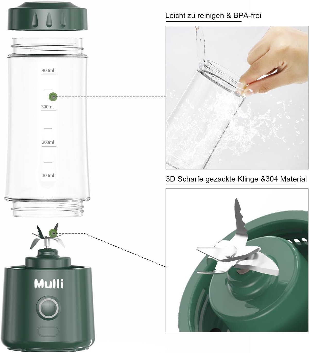 Mulli Tragbarer Mixer, USB-C wiederaufladbarer persönlicher Mixer für Smoothies und Shakes, Mini-Mixer mit sechs Klingen für Babynahrung, Reisen, Fitnessstudio – Bild 2