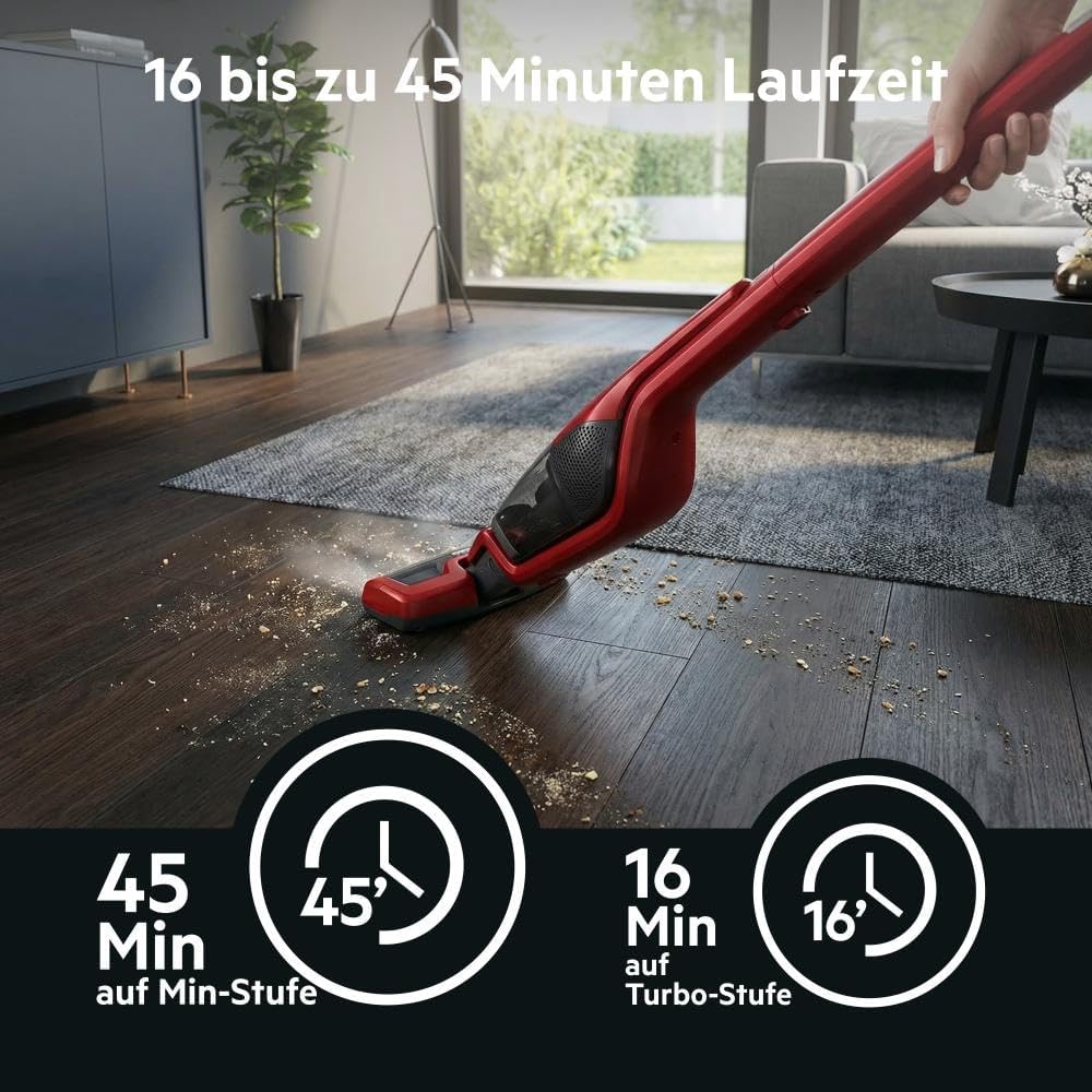 AEG Ergorapido CX7-2-45AN 2in1 Akku-Staubsauger (beutellos, inklusive Tierhaardüse, bis zu 45 Min. Laufzeit, freistehend, 180° Drehgelenk, Bürstenreinigungsfunktion, LED-Frontlichter, rot) – Bild 3