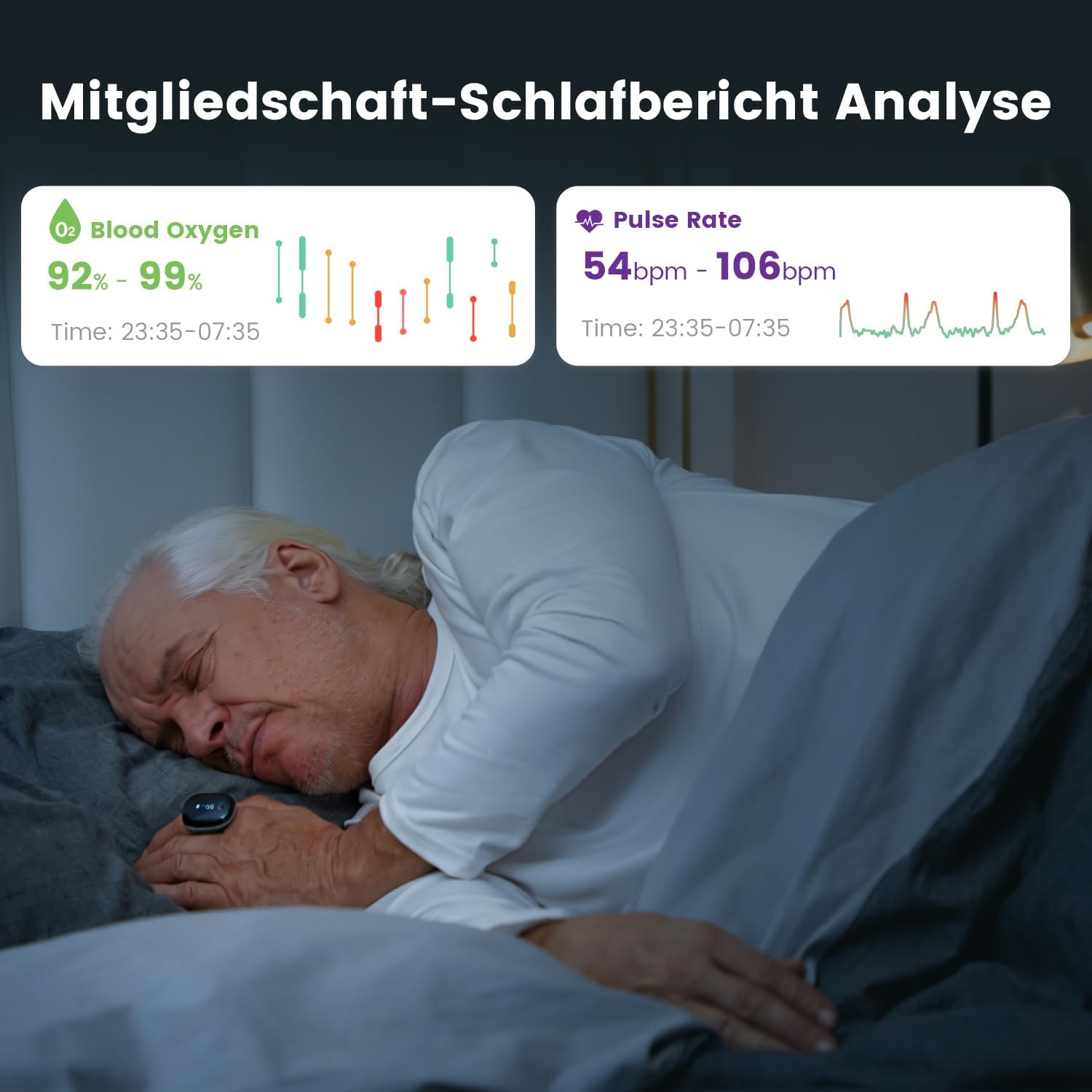 ViATOM O2ring Bluetooth Oximeter, Pulsoximeter Fingertip für kontinuierliche Überwachung Nachts, Schlafoximeter zur Messung von SpO2 & Herzfrequenz (Erweiterte Funktionen) – Bild 3