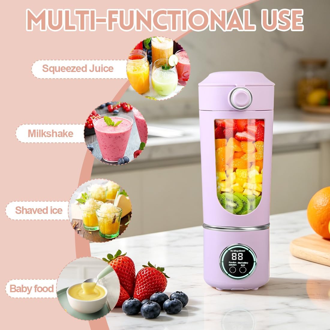 Tragbarer Mixer, Mini-Standmixer, kleiner Entsafter, Smoothie-Maker mit Silikon-Strohhalm, USB-Ladegerät Smoothie Maker, 400ml KleinerMixer mit 12 Edelstahlklingen, für Zuhause/Küche (Lila) – Bild 5