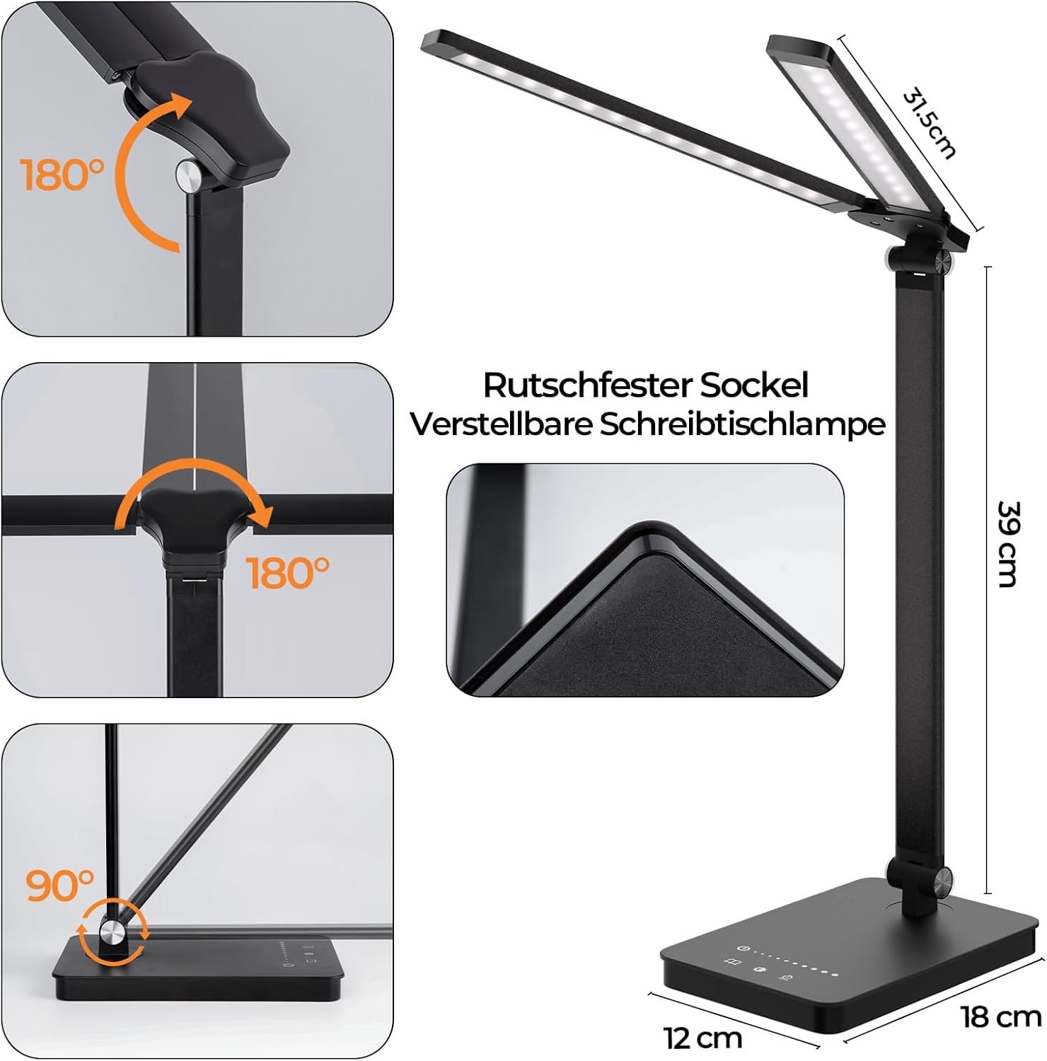 Schreibtischlampe LED dimmbar mit 4000 mAh Akku, 5 Farben und 10 Helligkeitsstufen – kabellose Tischlampe mit USB-Anschluss, Touch-Steuerung und Timer für Kinder, Büro und Lesen (schwarz) – Bild 5